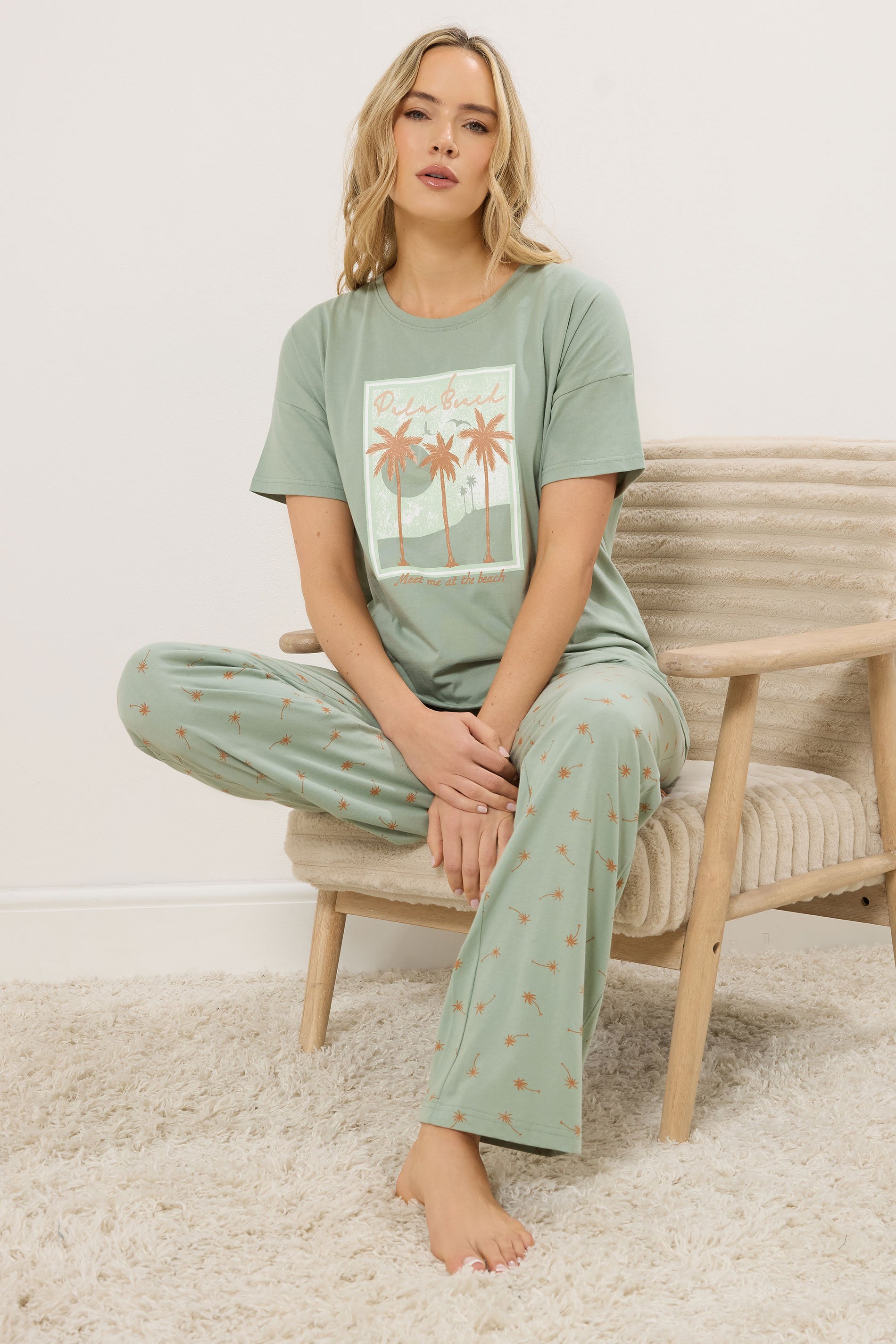 LTS Tall Women's Light Green 'Palm Beach' Slogan Pyjama Set | Long Tall Sally 2