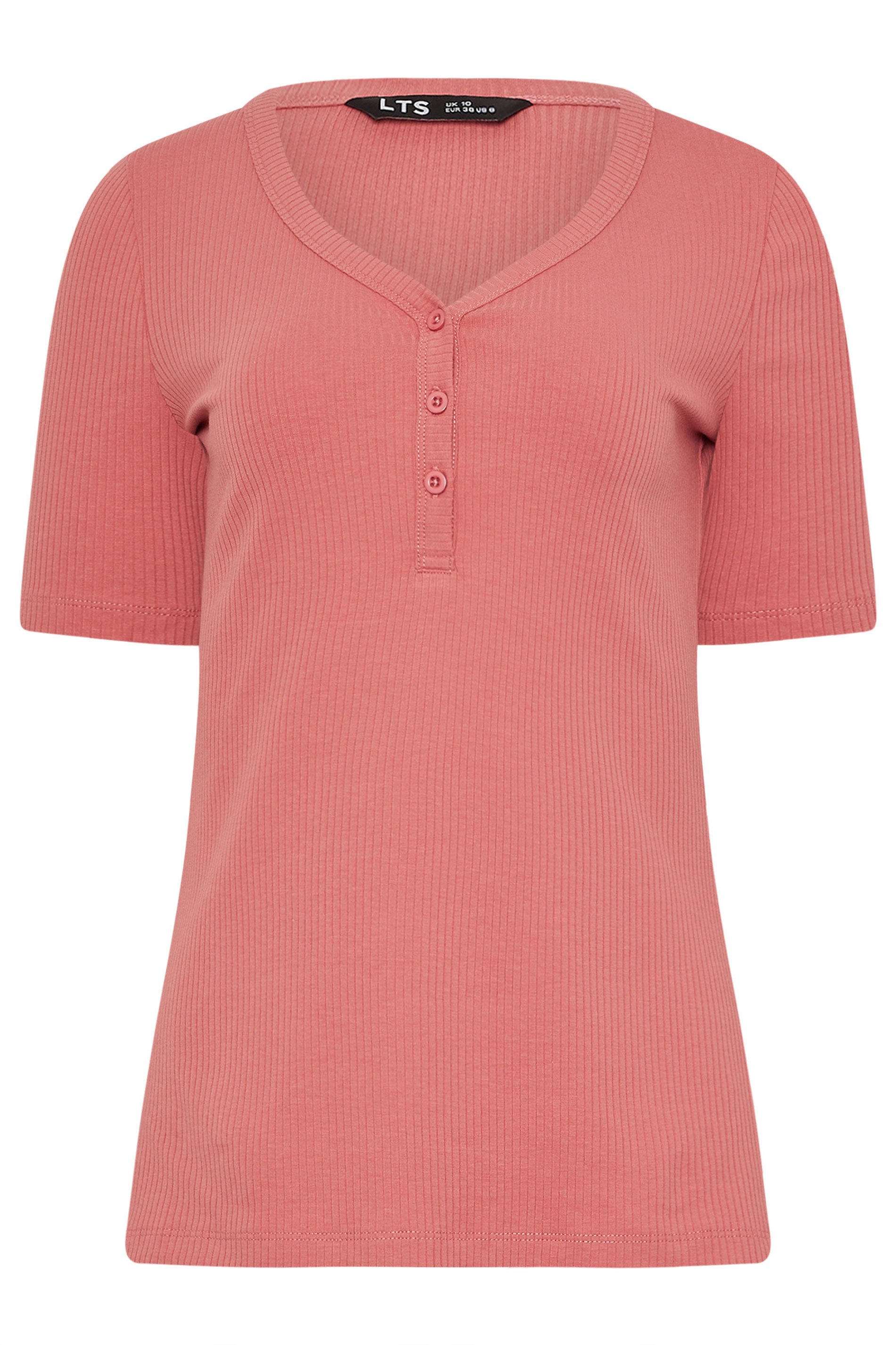 LTS Tall Coral Pink Ribbed Short Sleeve Henley Top | Long Tall Sally 1