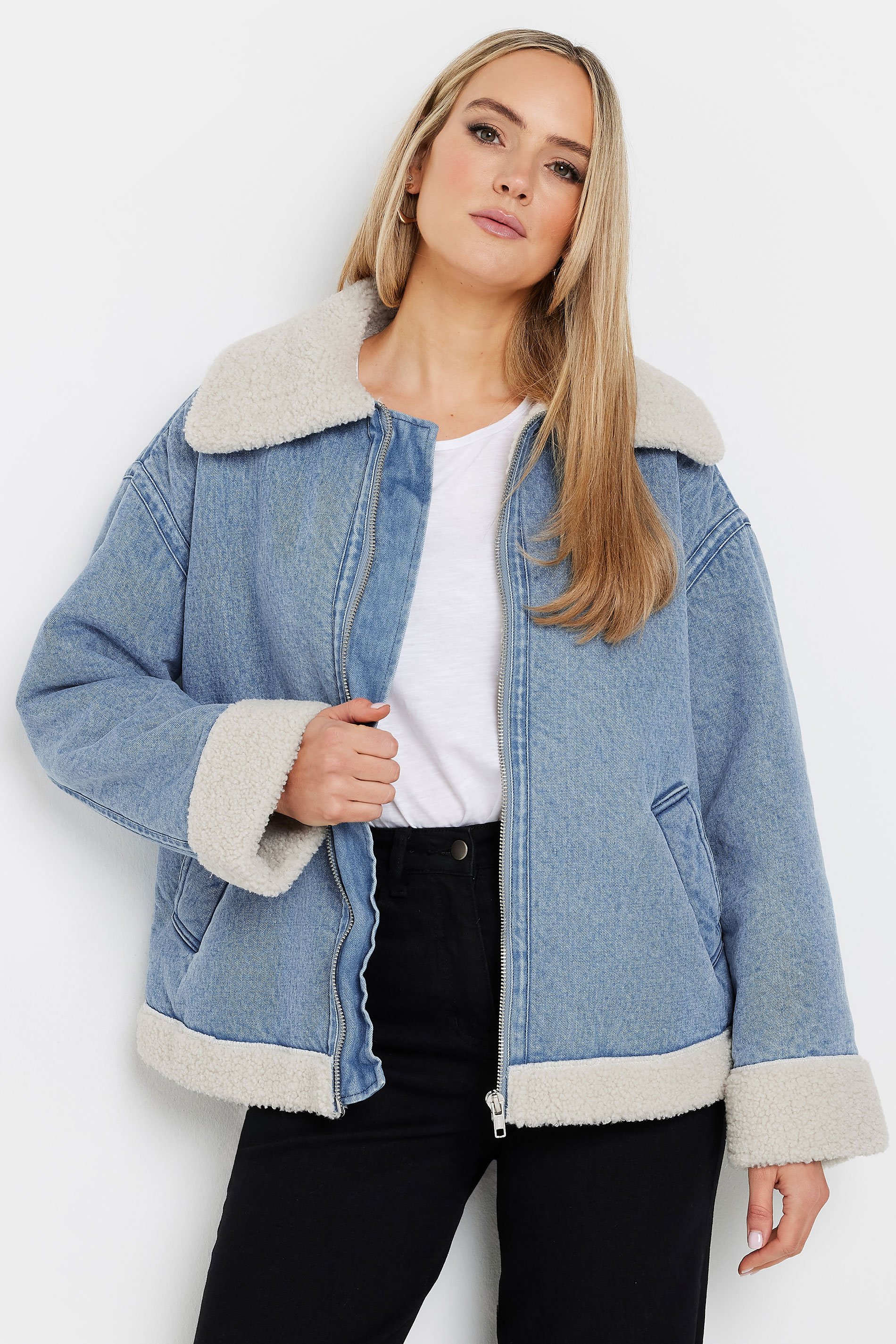 LTS Tall Light Blue Denim Borg Zip Jacket | Long Tall Sally 2