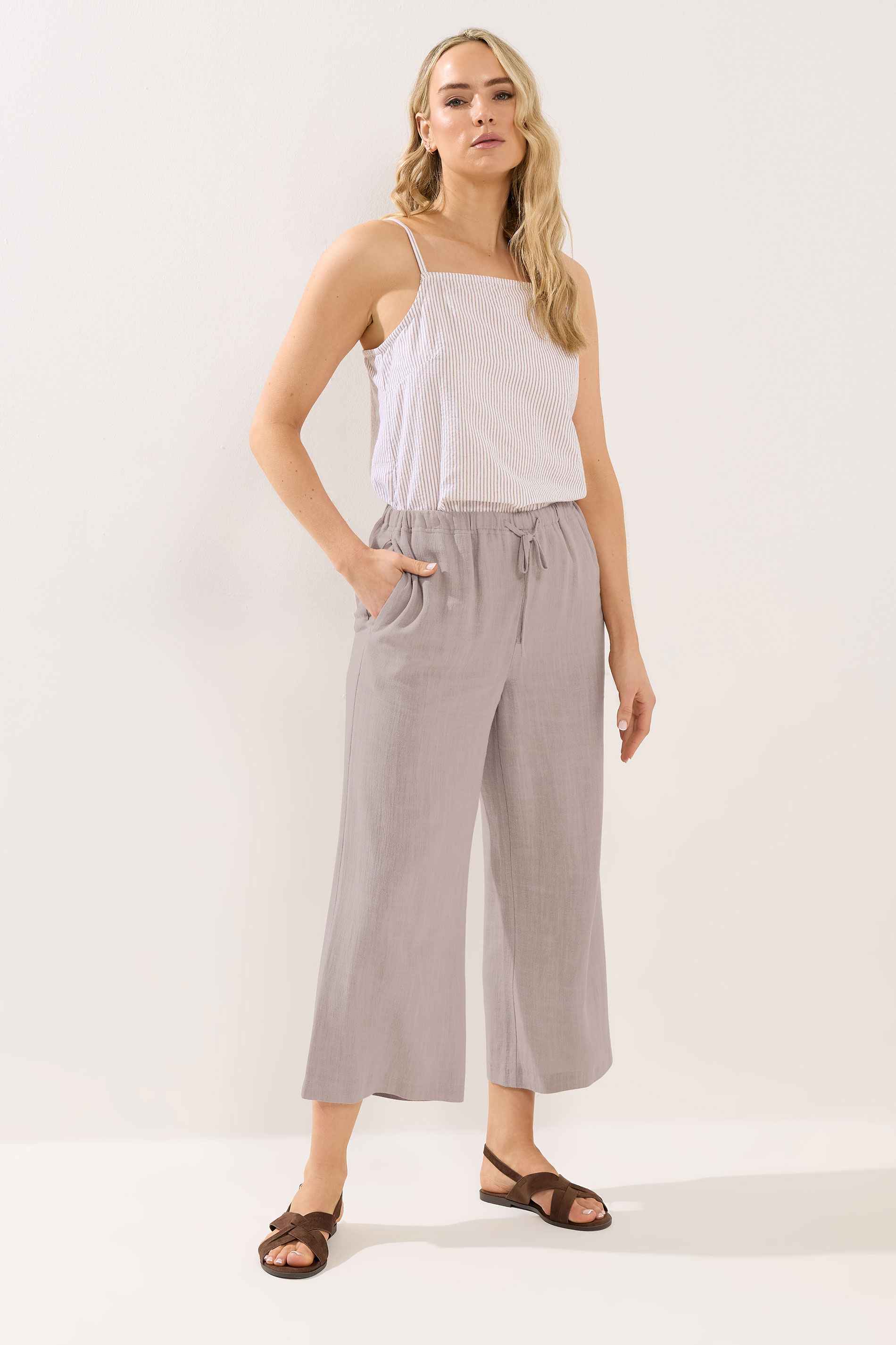 LTS Tall Women's Natural Brown Linen Cropped Trousers | Long Tall Sally 1
