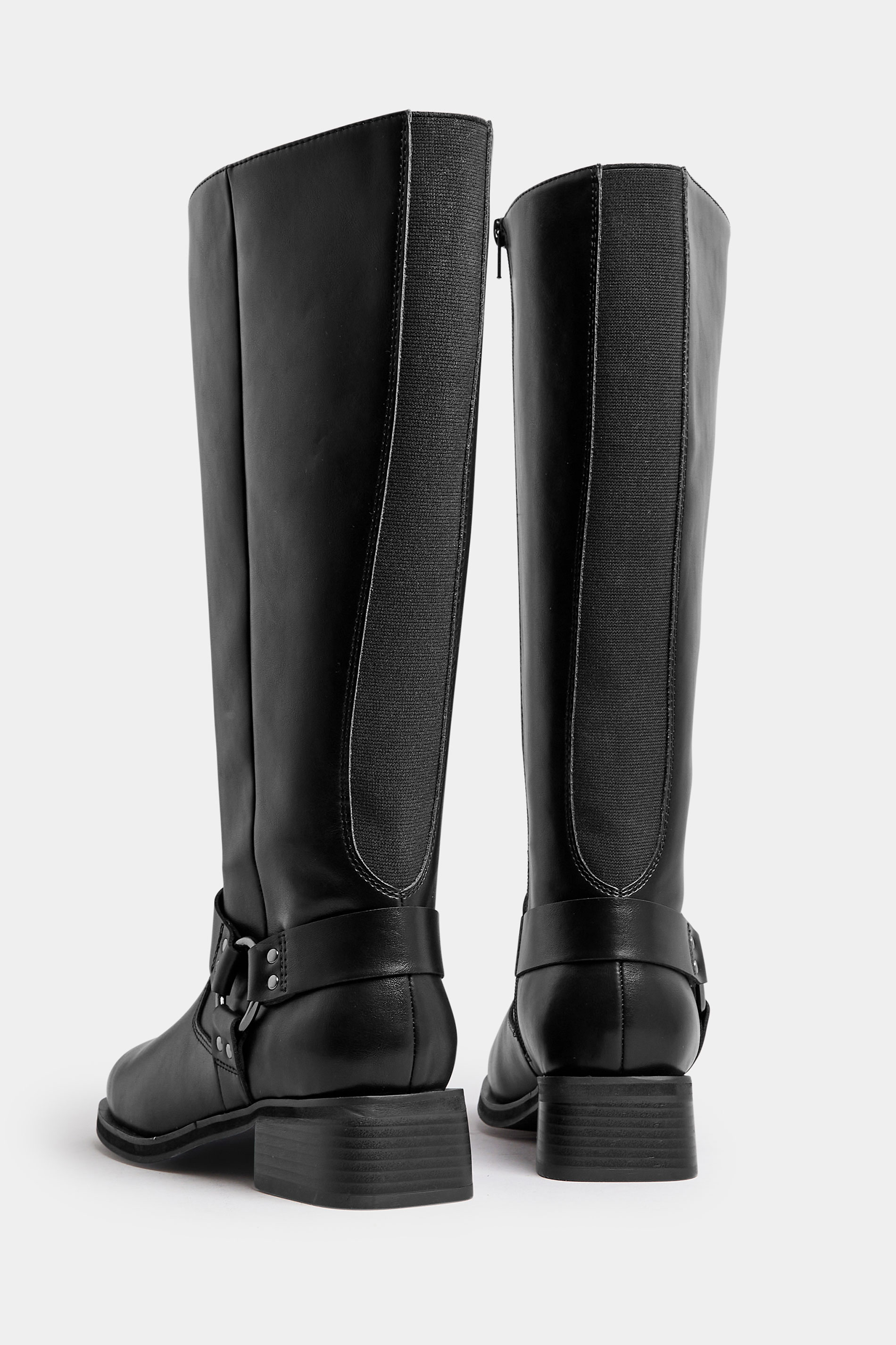 Black Harness Detail Knee High Biker Boots In Extra Wide EEE Fit | Yours Clothing 4