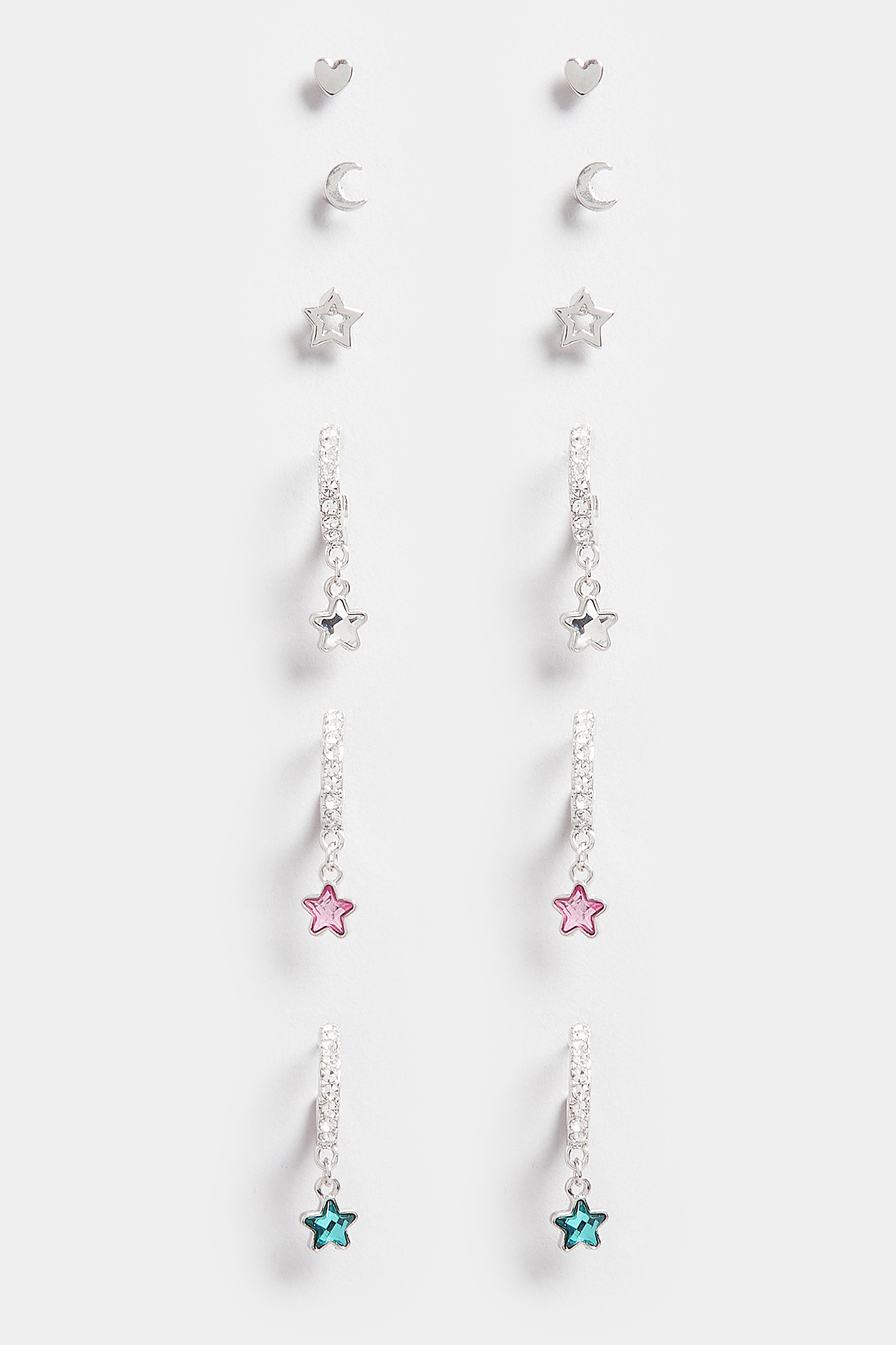 6 PACK Silver Diamante Star Earrings Set | Yours Clothing  2