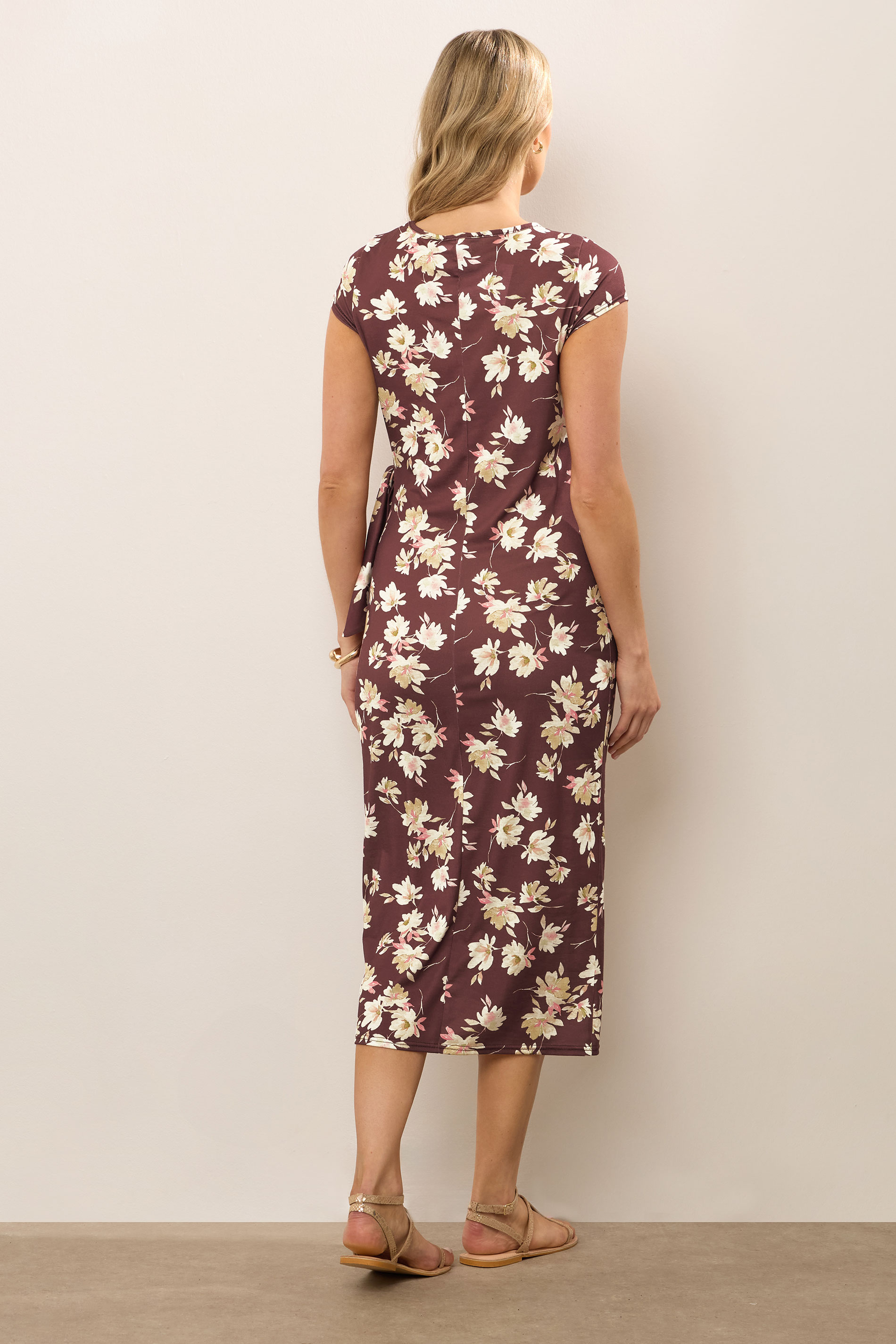 LTS Tall Dark Red Floral Ruched Tie Midi Dress | Long Tall Sally 3