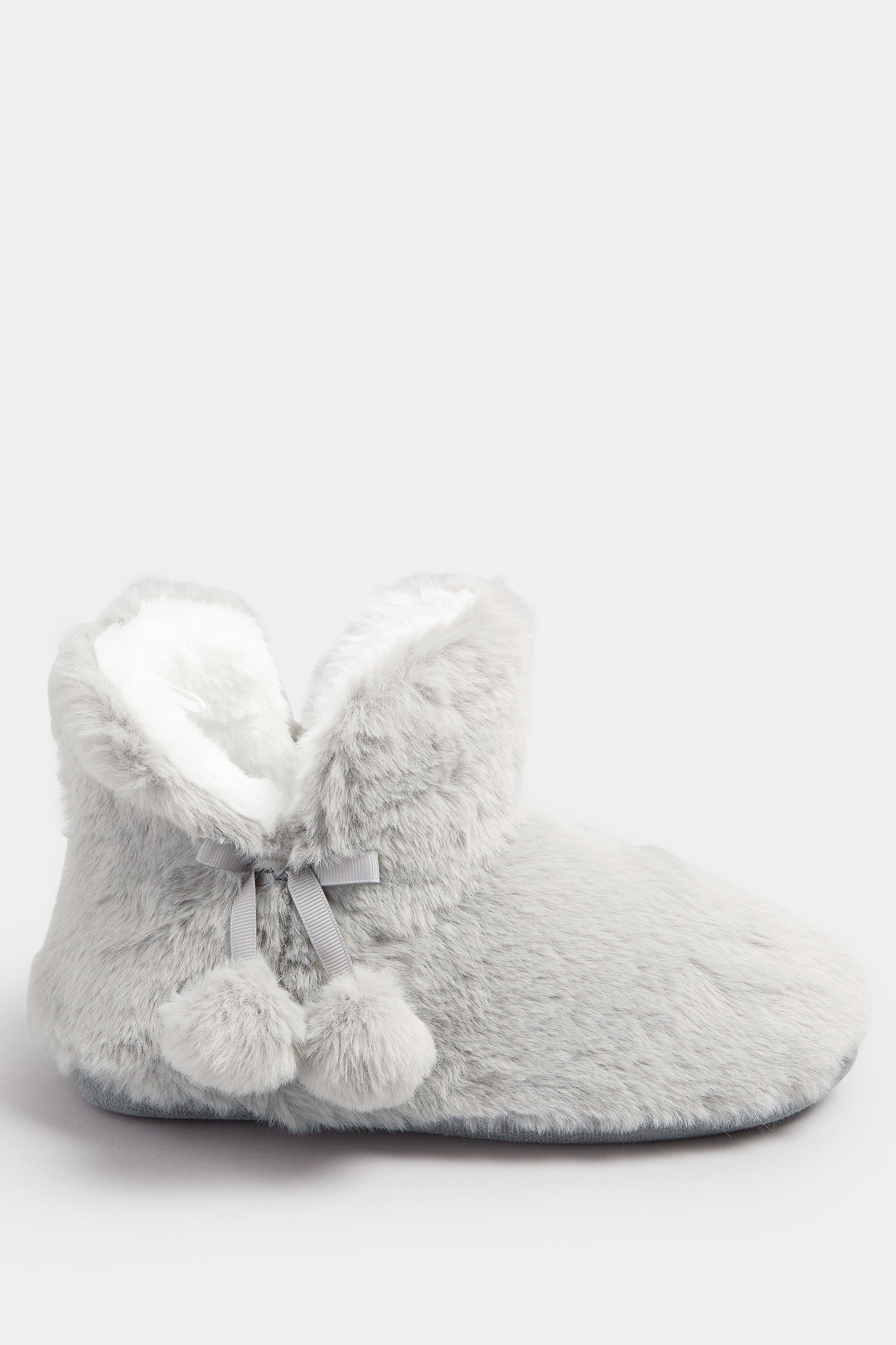 Grey Pom Pom Faux Fur Boot Slippers | Yours Clothing 3