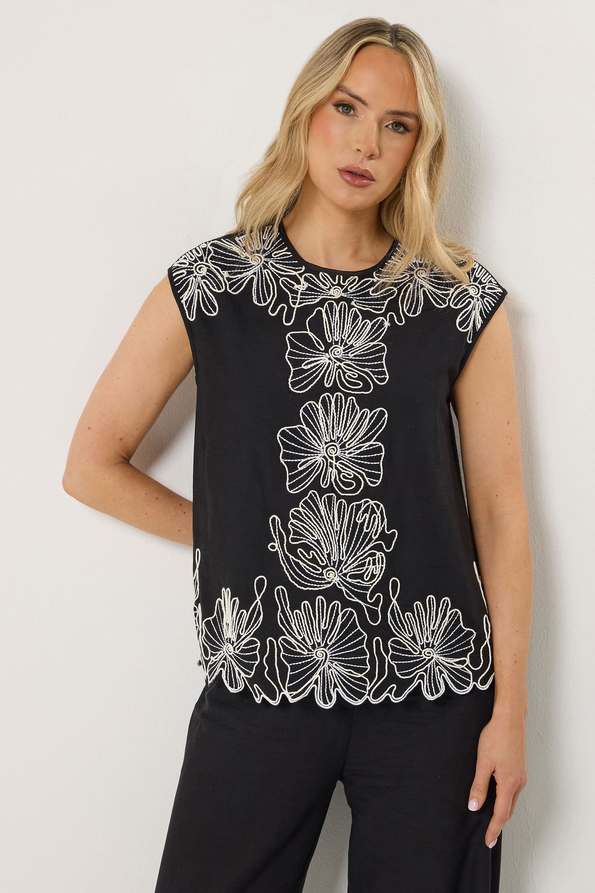 LTS Tall Women's Set Black Floral Embroidered Linen Top & Trousers Set | Long Tall Sally  1