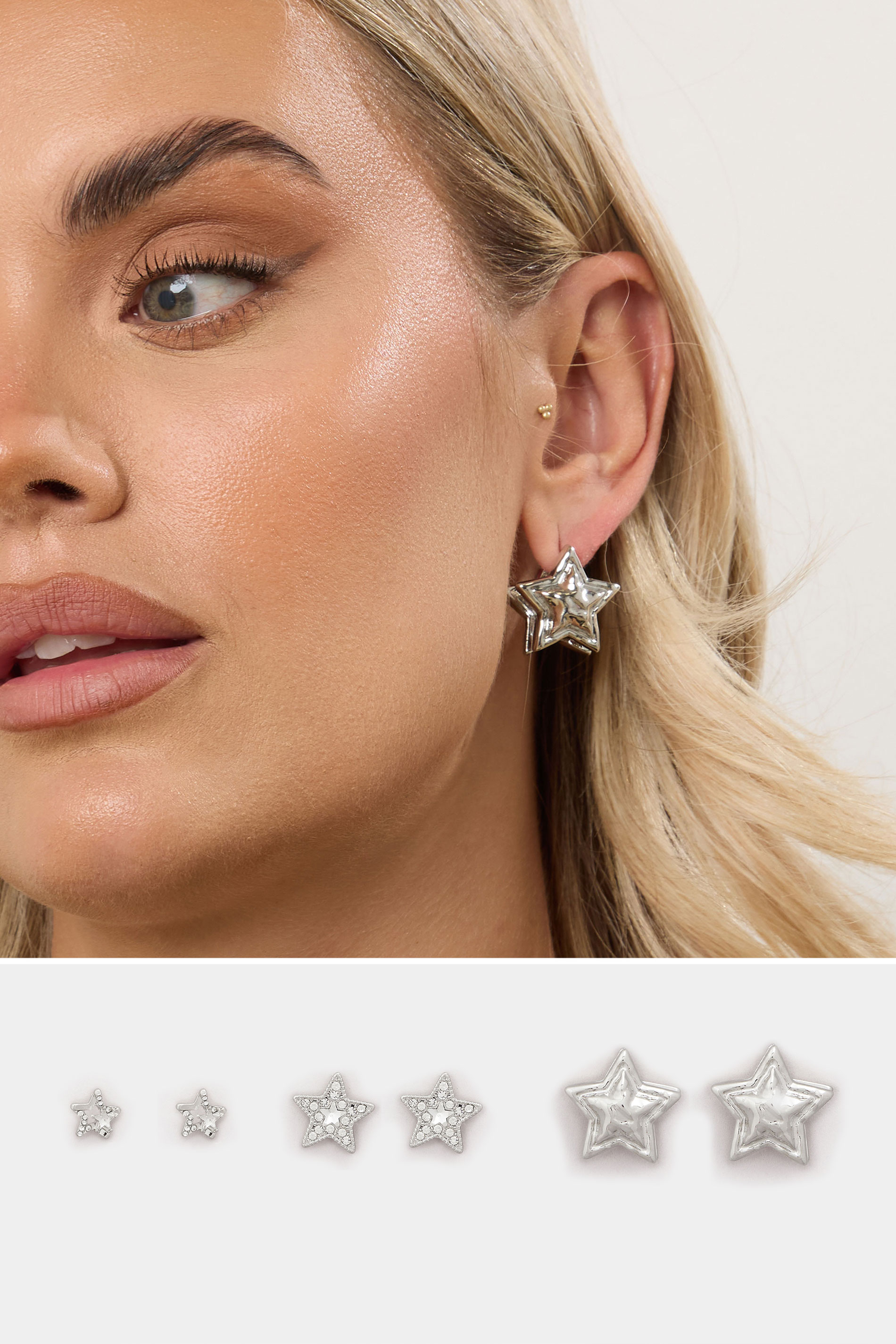 3 PACK Silver Tone Stud Stud Earrings | Yours Clothing  1