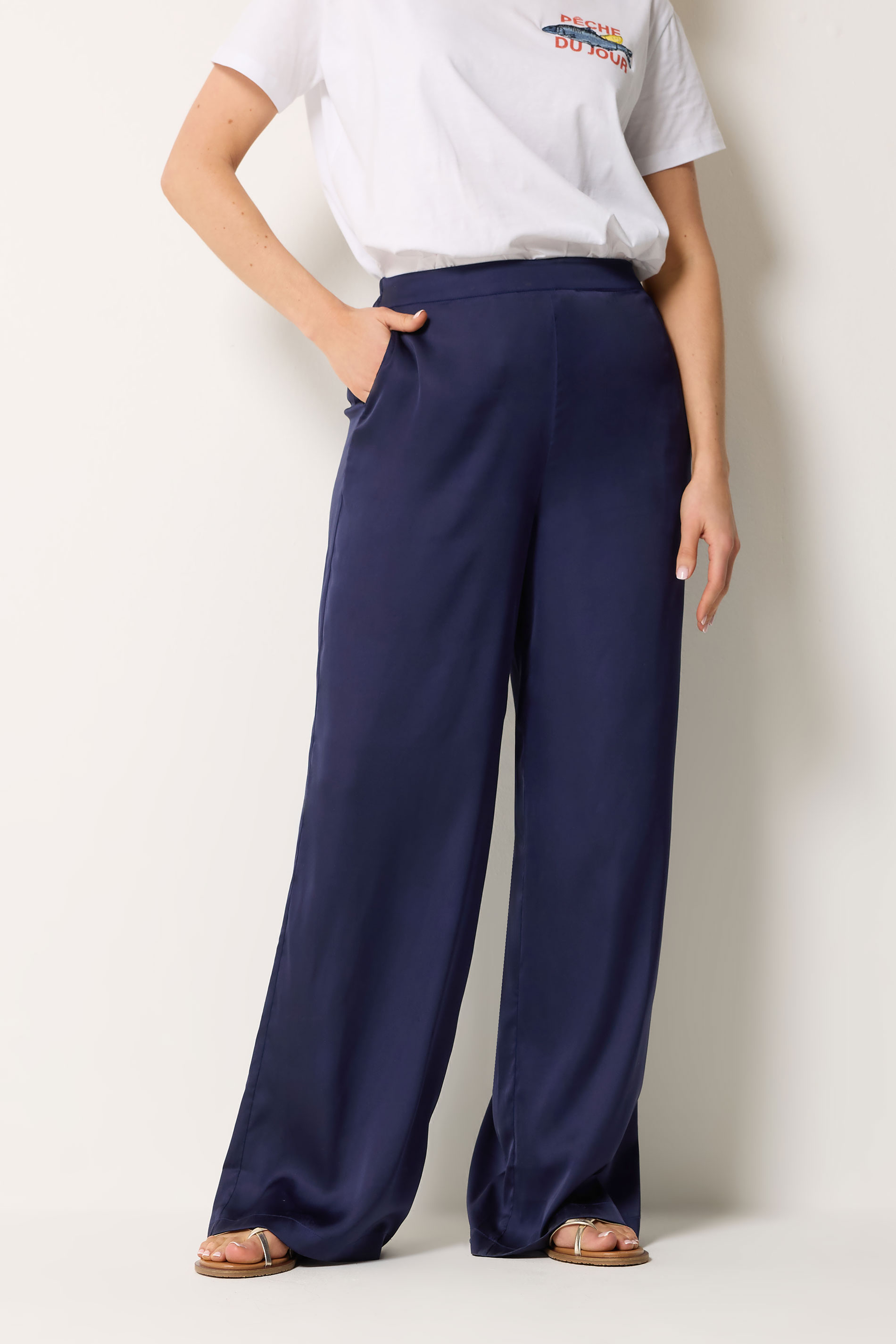 LTS Tall Women's Navy Blue Satin Wide Leg Trousers | Long Tall Sally 2