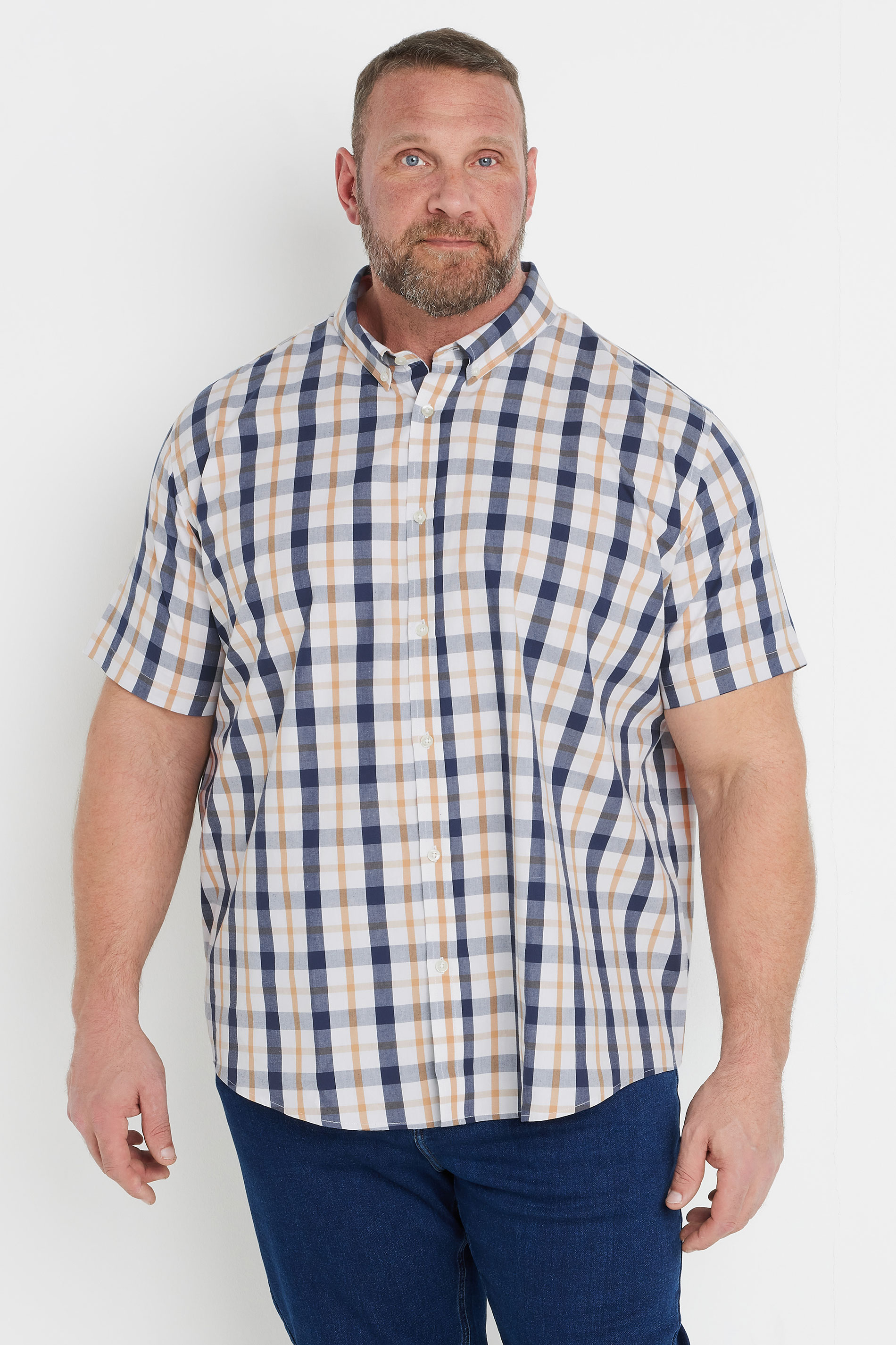 BadRhino Big & Tall Navy Blue & Tan Brown Short Sleeve Check Shirt | BadRhino 1