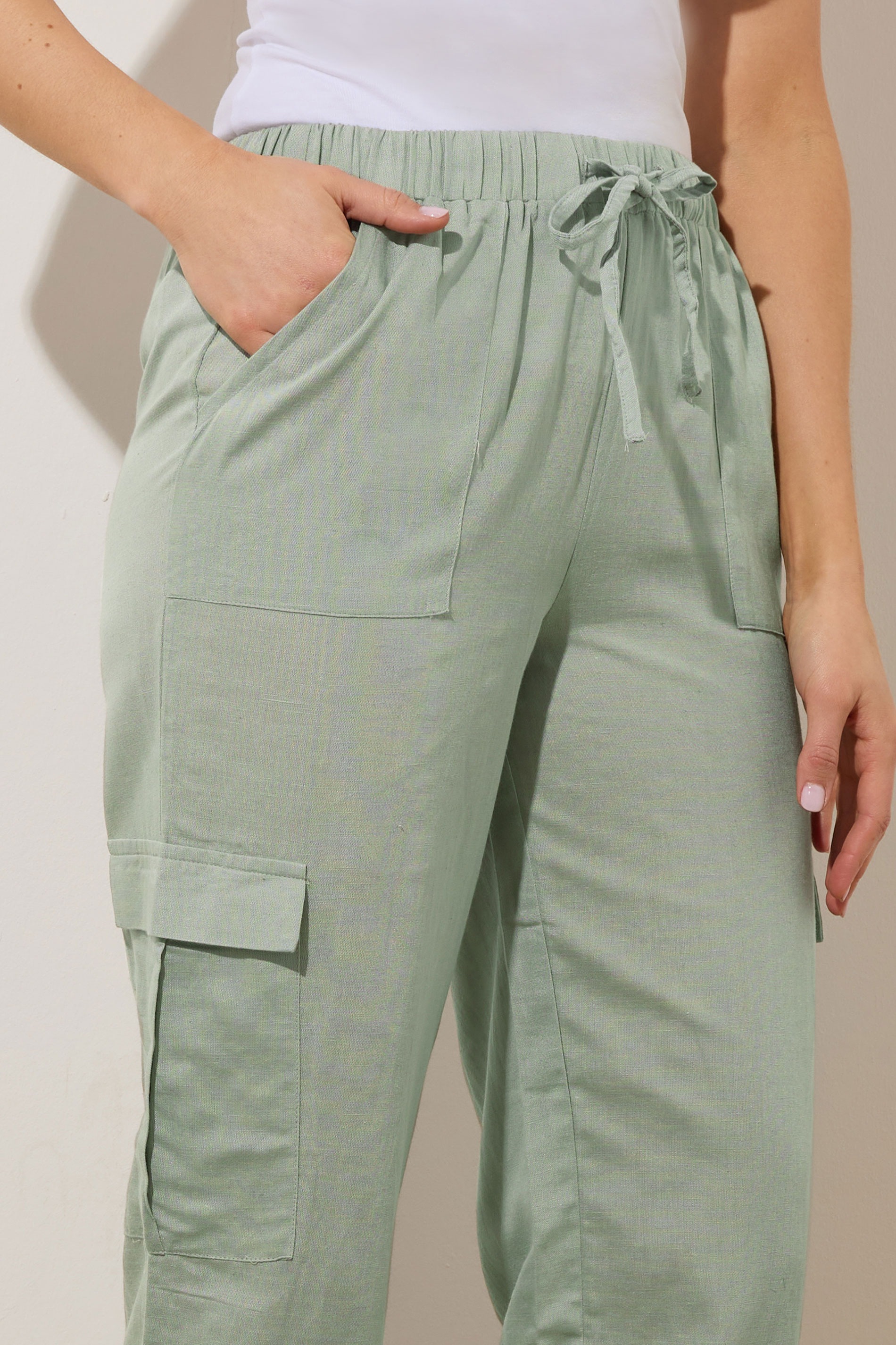 LTS Tall Sage Green Linen Cargo Trousers | Long Tall Sally 5