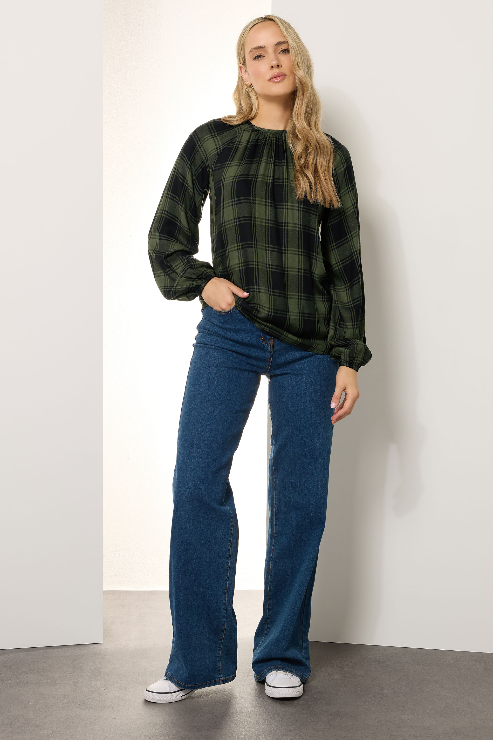LTS Tall Khaki Green Check Balloon Sleeve Blouse | Long Tall Sally 3