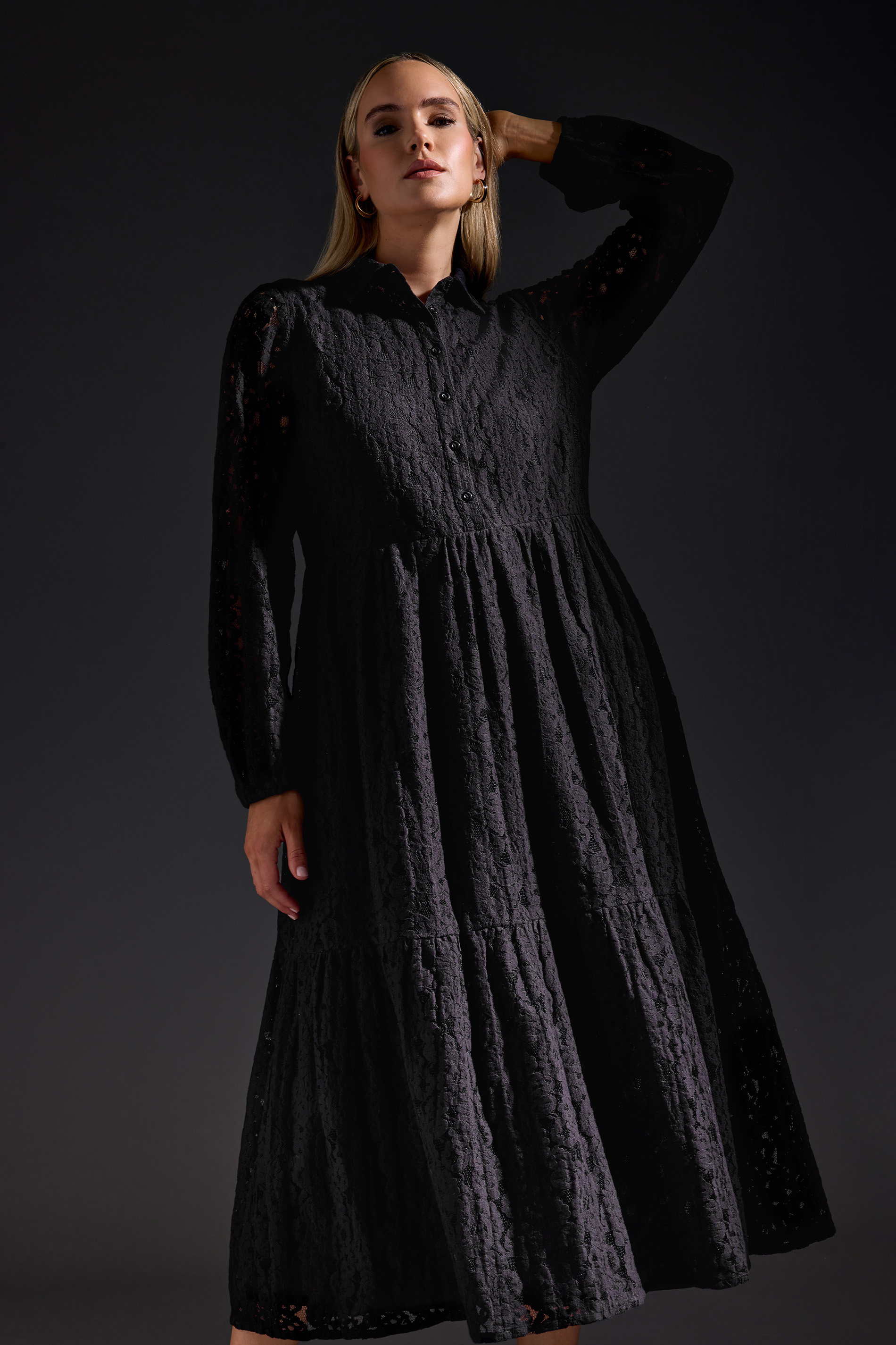 LTS Tall Black Lace Tiered Midi Dress | Long Tall Sally