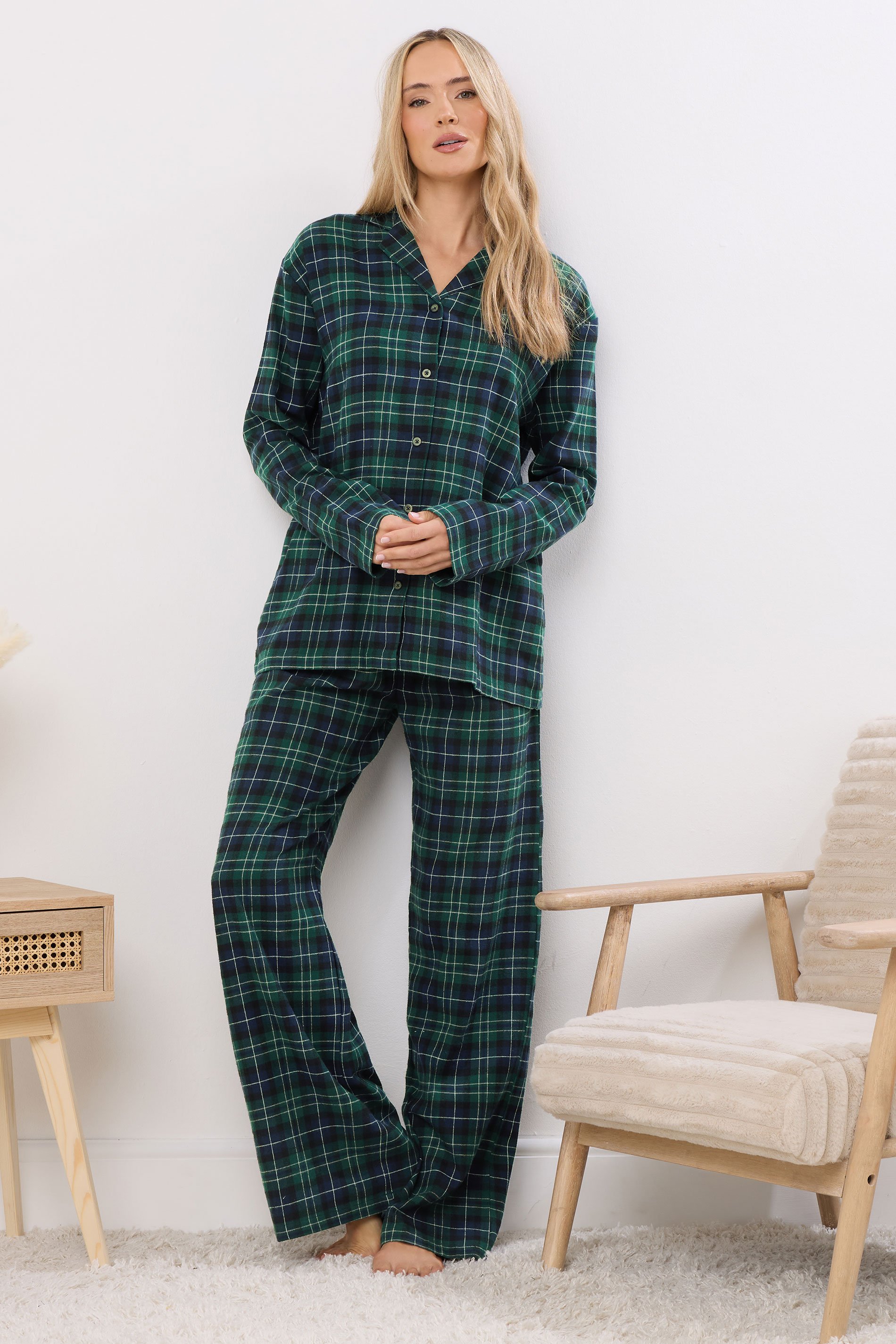 LTS Tall Navy Blue & Green Cotton Check Pyjama Set | Long Tall Sally 2