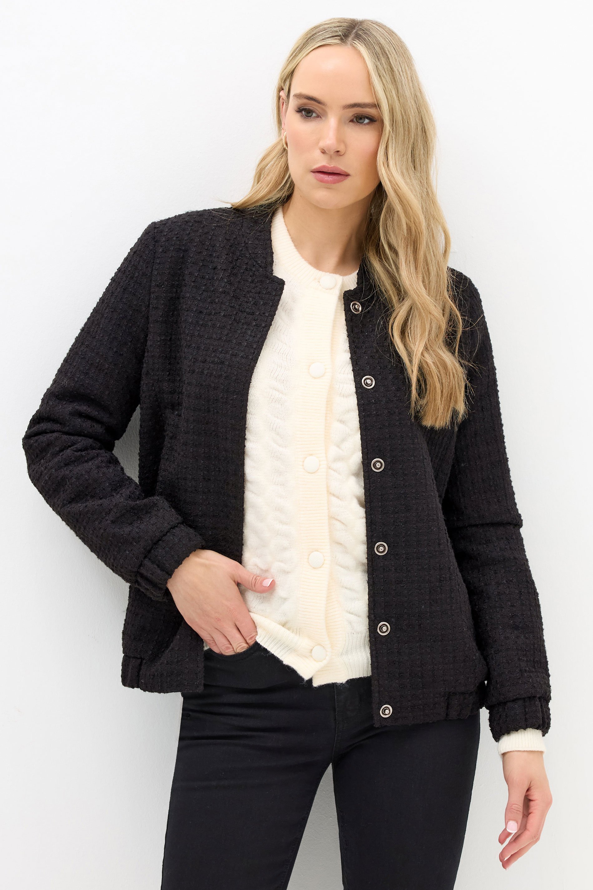LTS Tall Black Boucle Tweed Bomber Jacket | Long Tall Sally 1