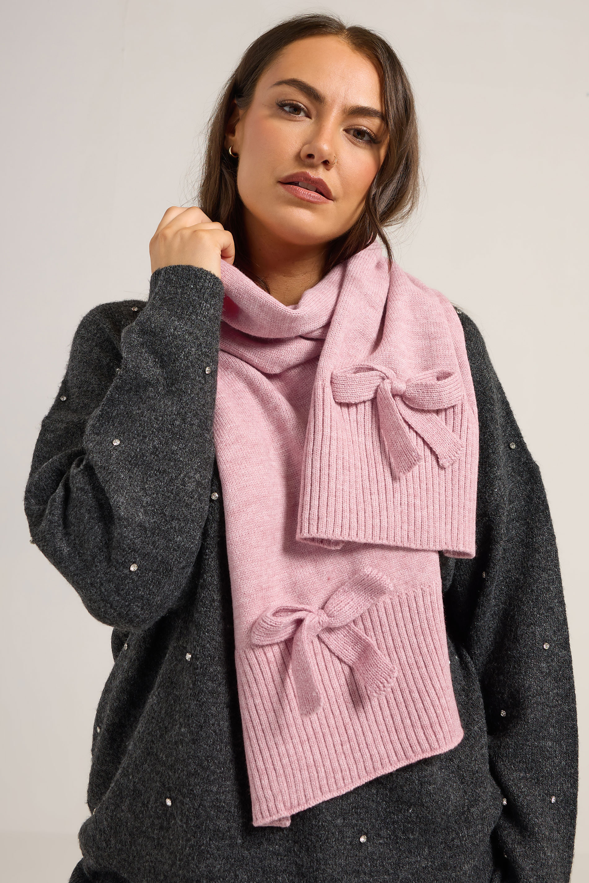 Dusky Pink Bow Detail Knitted Scarf | Yours Clothing 1