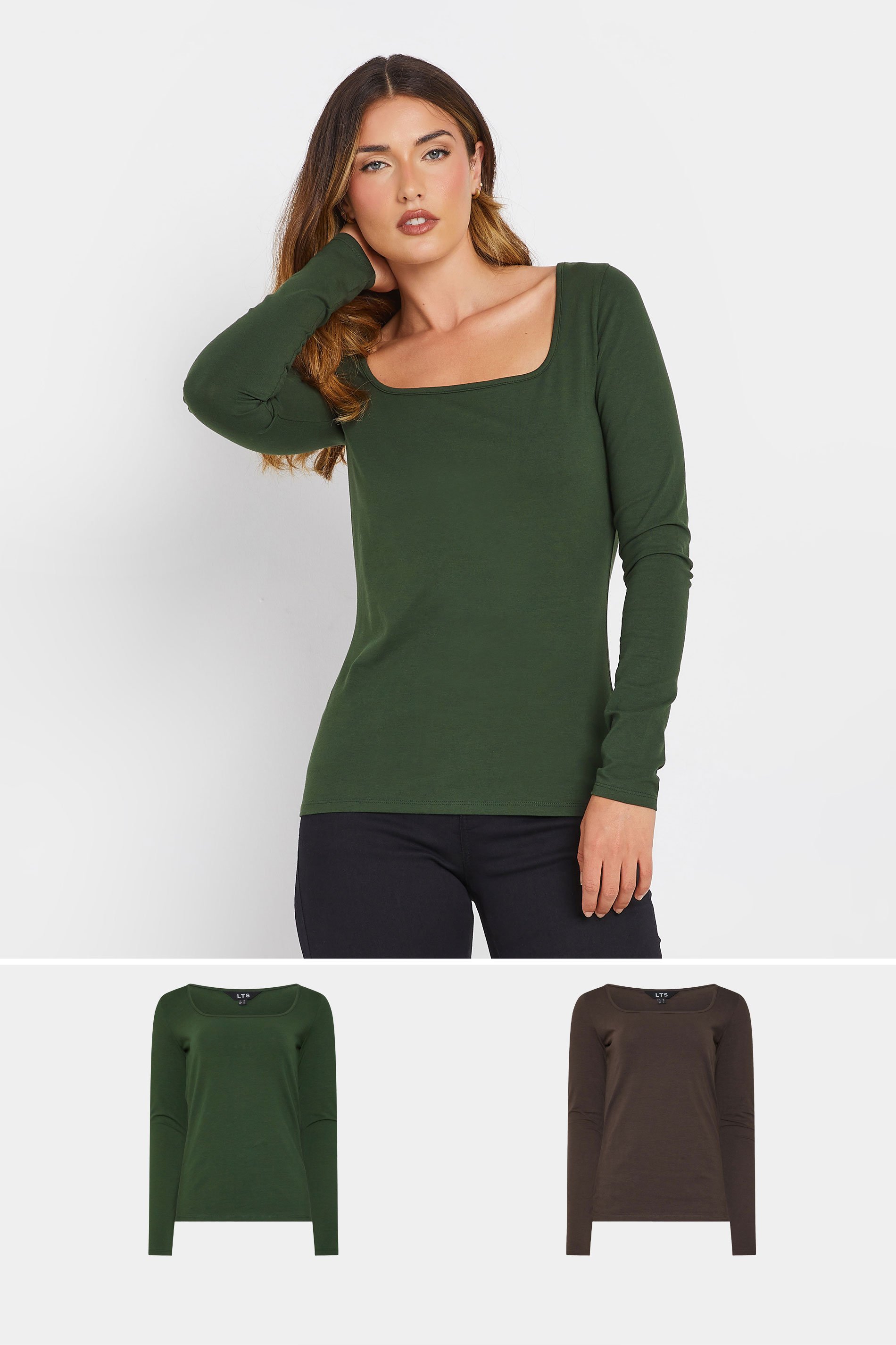 LTS Tall 2 PACK Green & Brown Square Neck Tops | Long Tall Sally 1