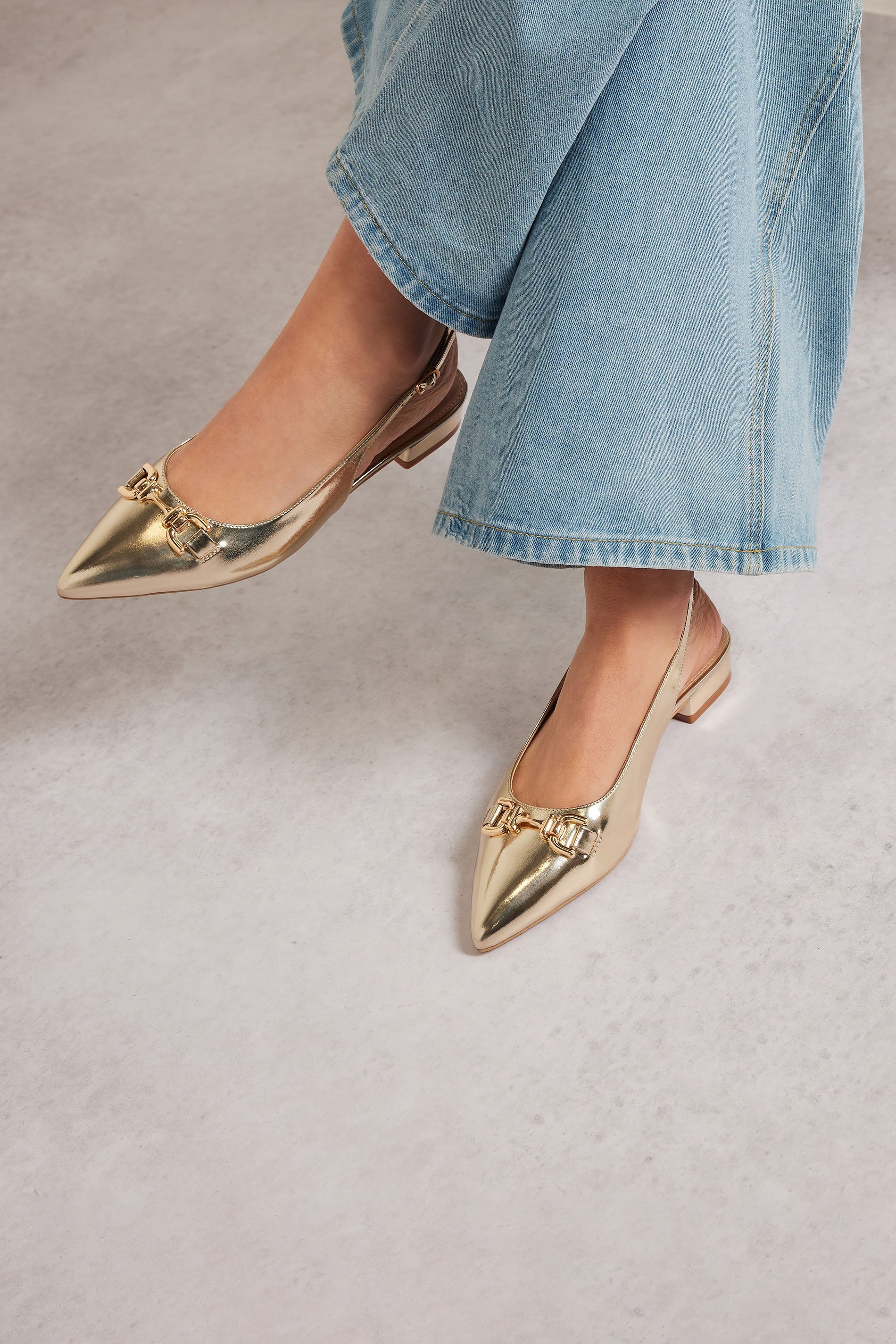 LTS Gold Metal Buckle Slingback Flats In Standard Fit | Long Tall Sally 1