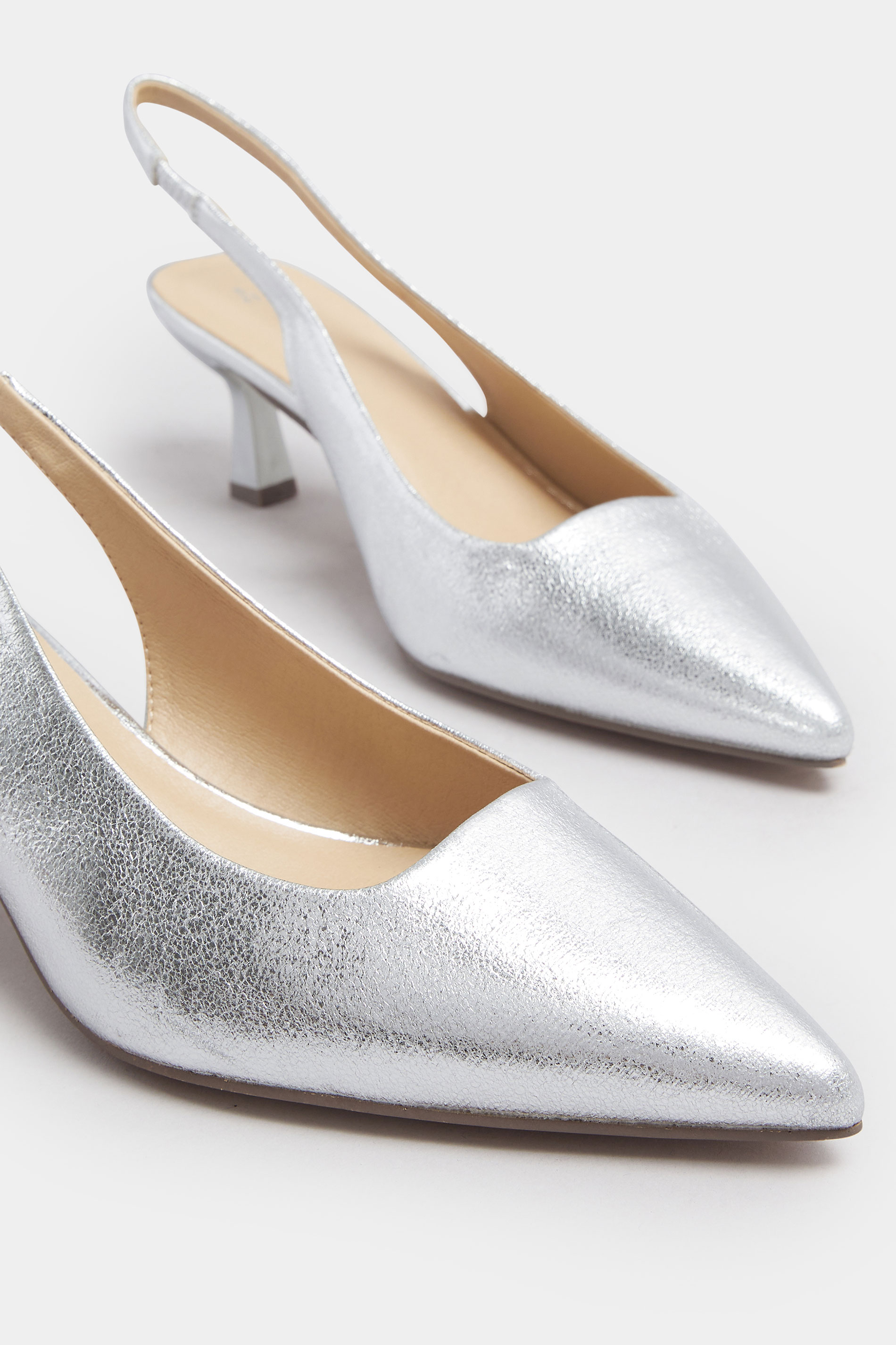 Silver Faux Leather Slingback Kitten Heels In Extra Wide EEE Fit | Yours Clothing 5