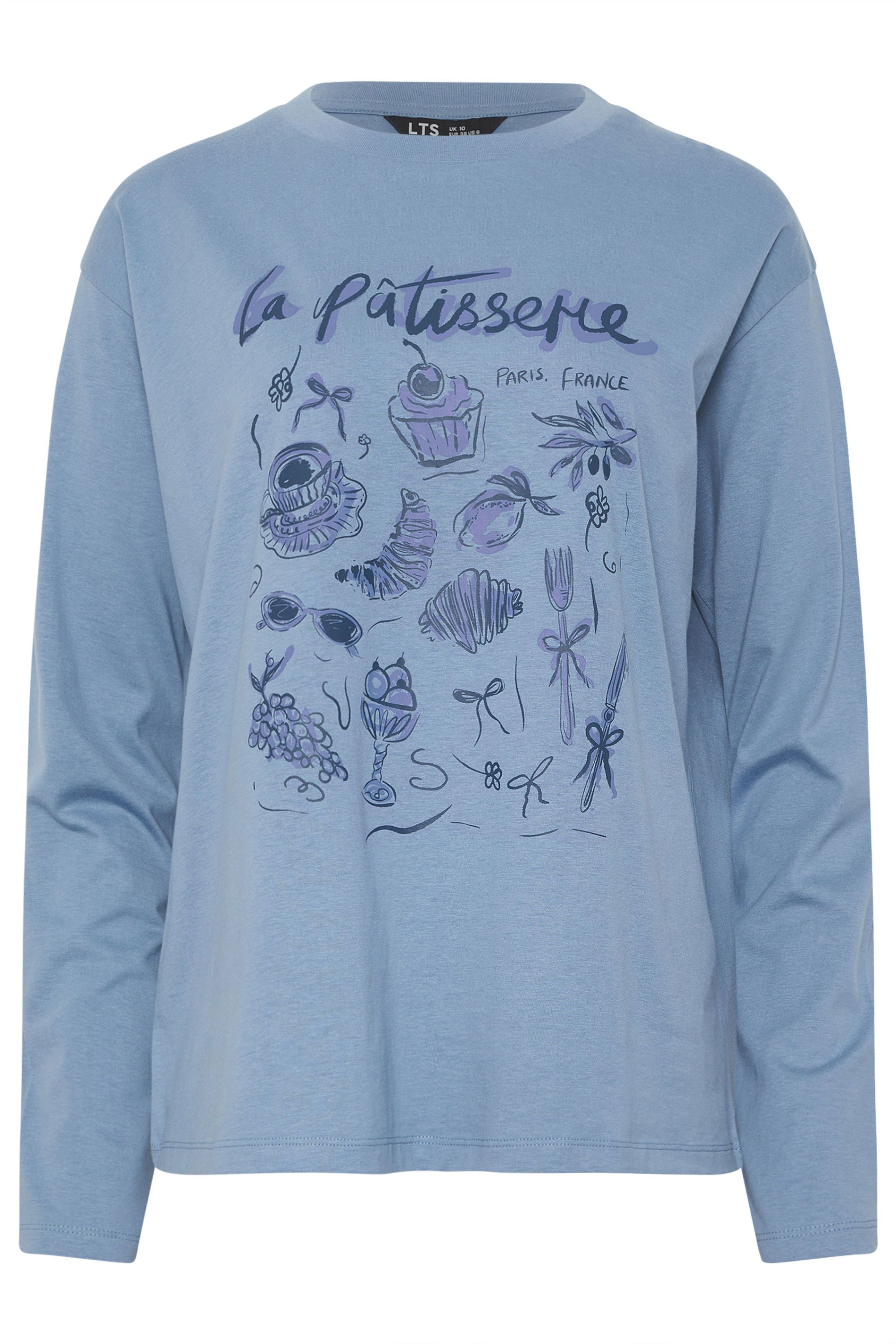LTS Tall Blue 'La Patisserie' Slogan Long Sleeve T-Shirt | Long Tall Sally 1