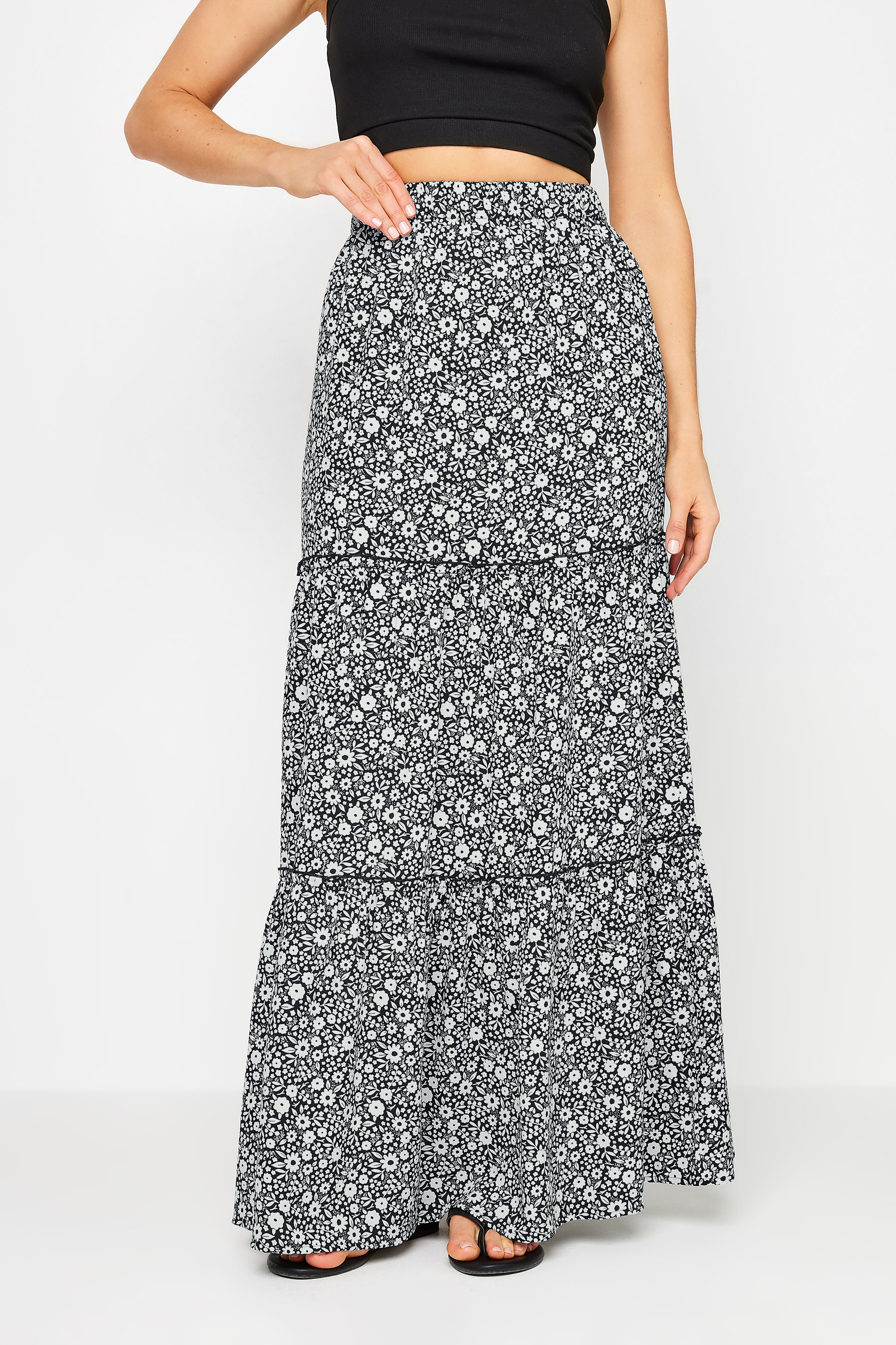 LTS Tall Women's Black & White Ditsy Floral Print Tiered Maxi Skirt | Long Tall Sally 2