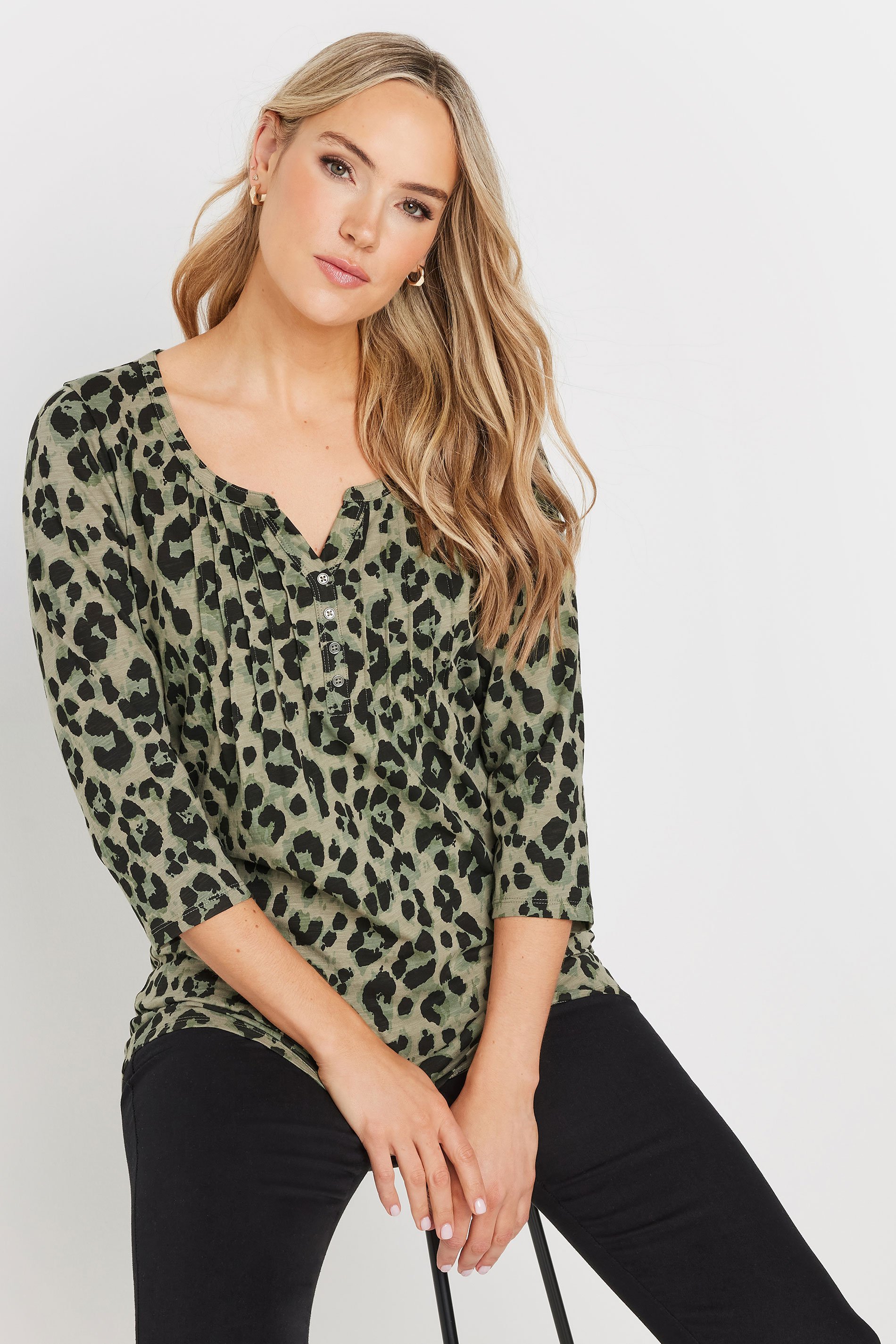 LTS Tall Khaki Green Leopard Print Henley Top | Long Tall Sally 1