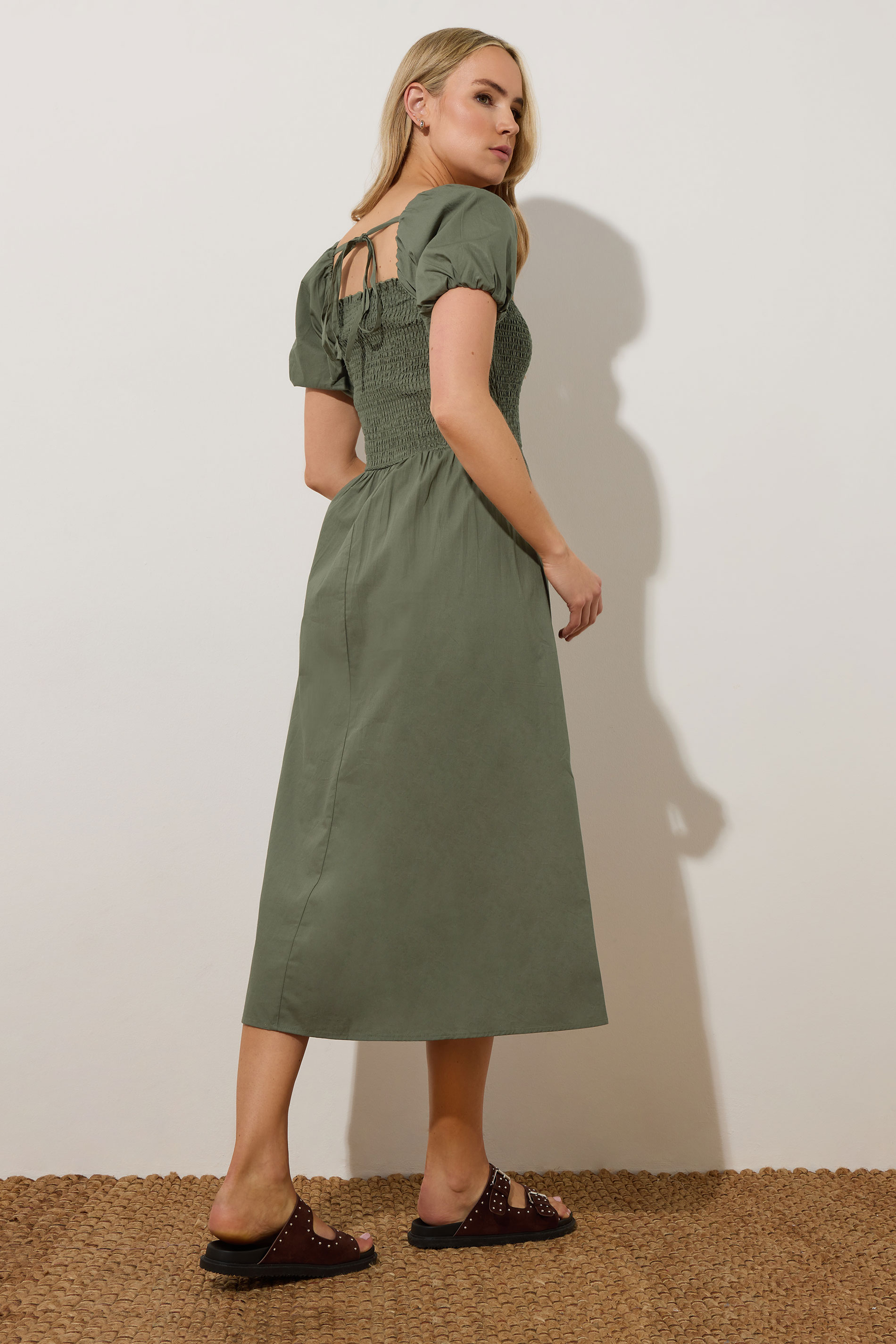 LTS Tall Khaki Green Shirred Puff Sleeve Midi Dress | Long Tall Sally 5