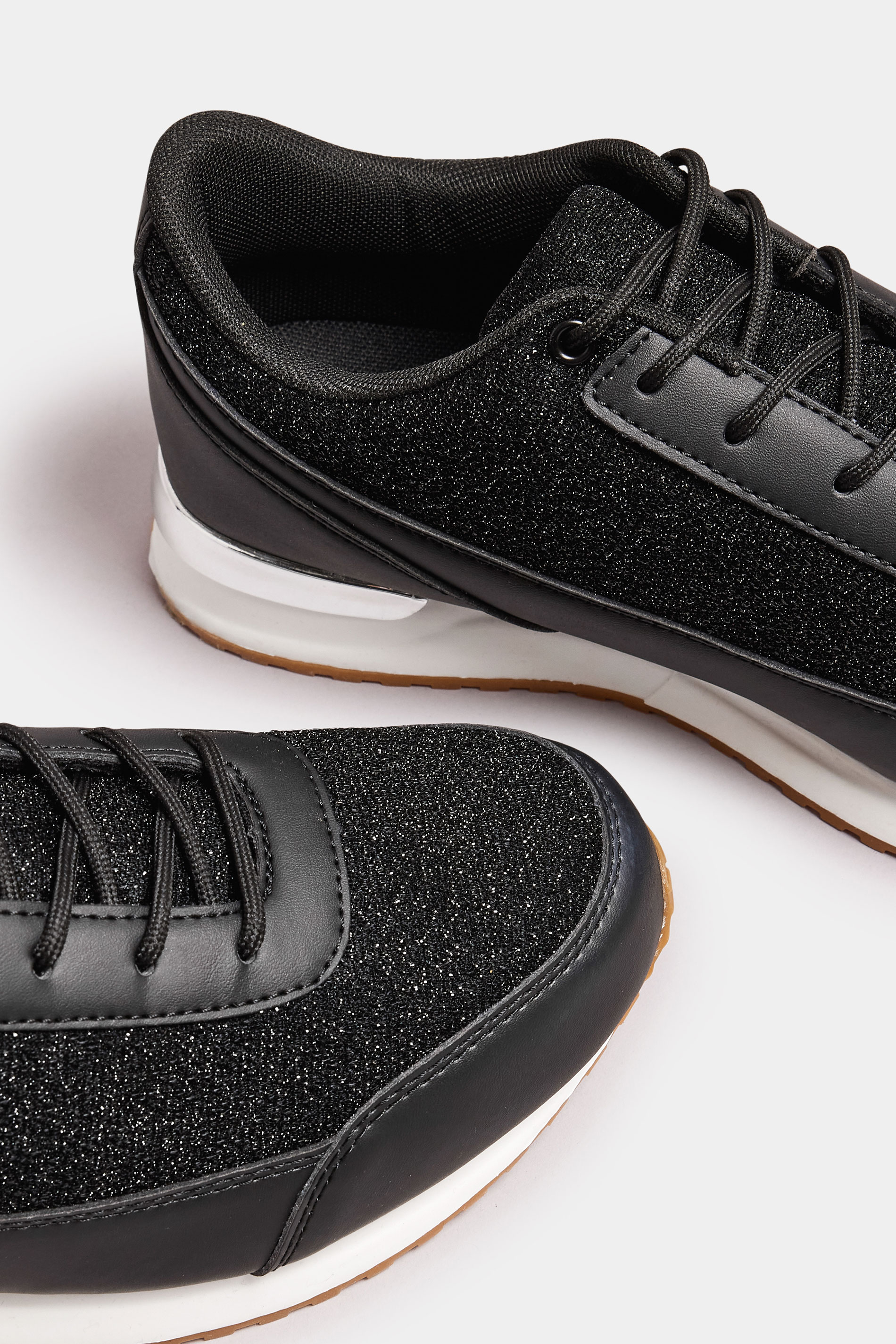 Black Glitter Metallic Trim Trainers In Wide E Fit | Yours Clothing 5