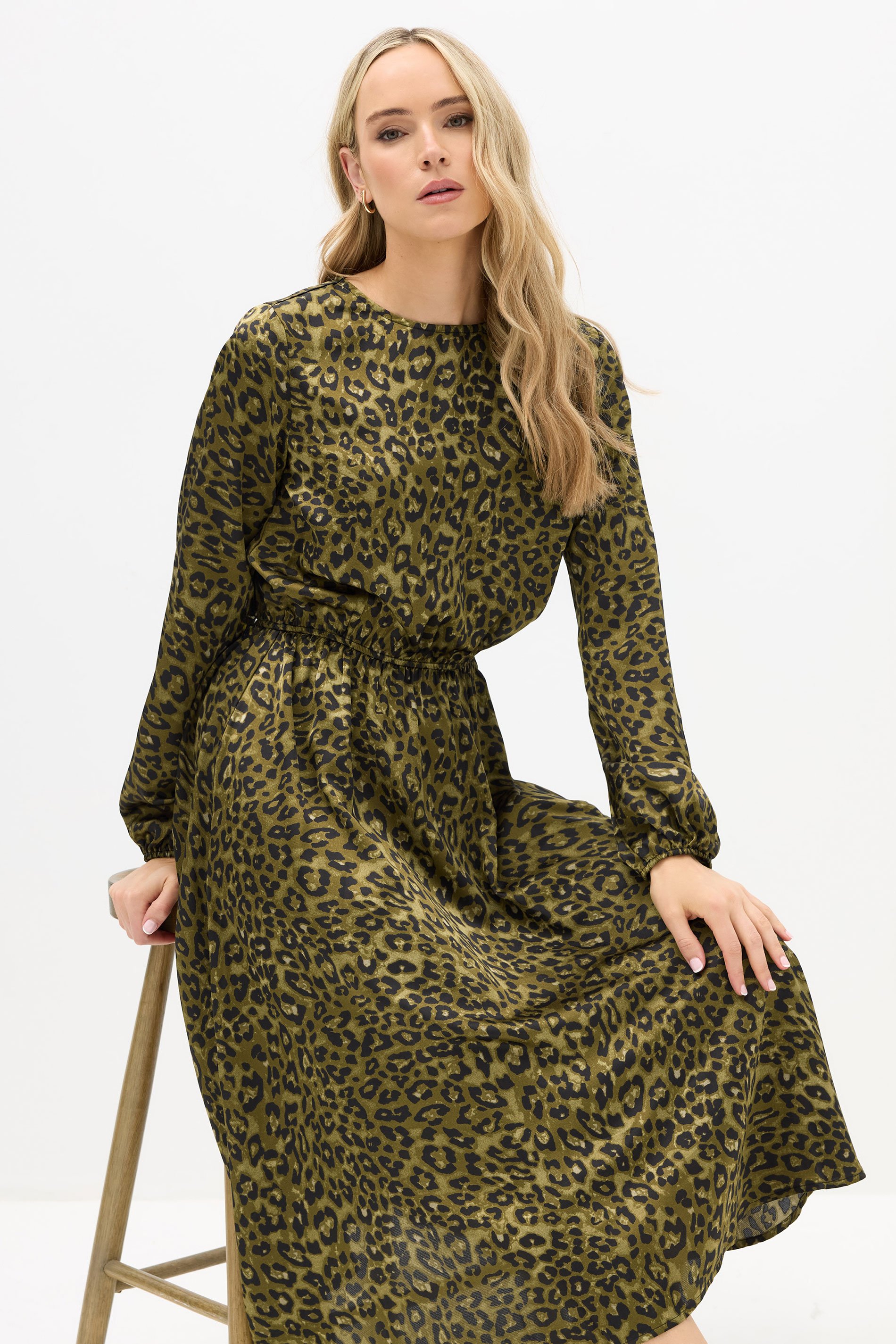 LTS Tall Khaki Green Leopard Print Satin Midi Dress | Long Tall Sally 2