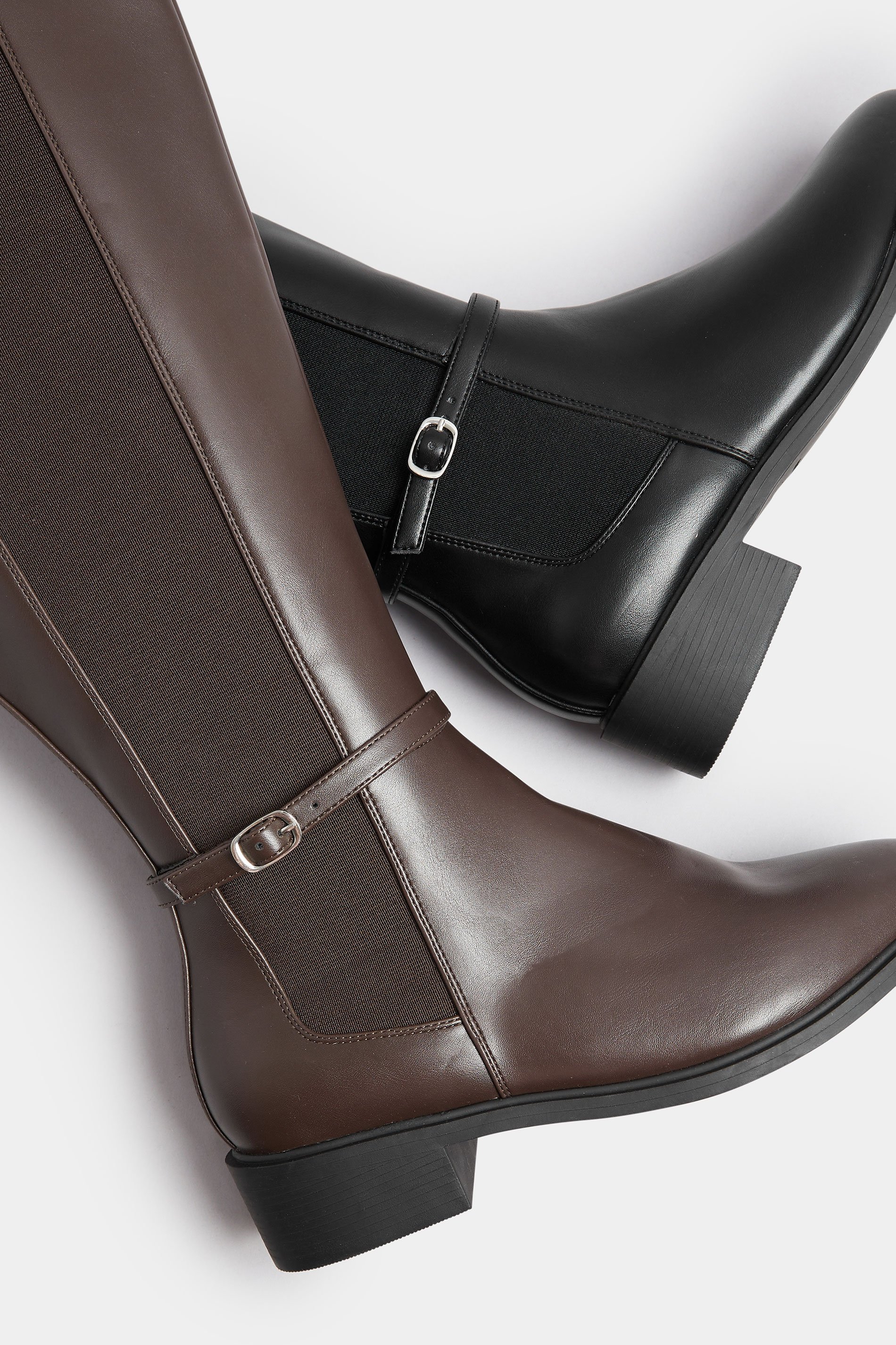 Brown Faux Leather Buckle Knee High Riding Boots In Extra Wide EEE Fit | Yours Clothing 6