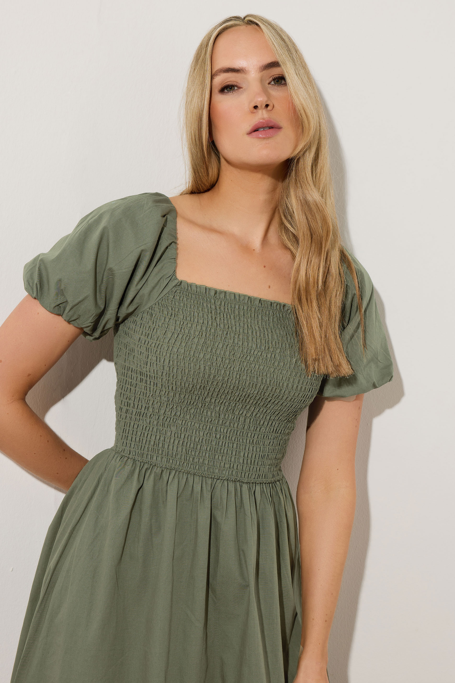 LTS Tall Khaki Green Shirred Puff Sleeve Midi Dress | Long Tall Sally 6