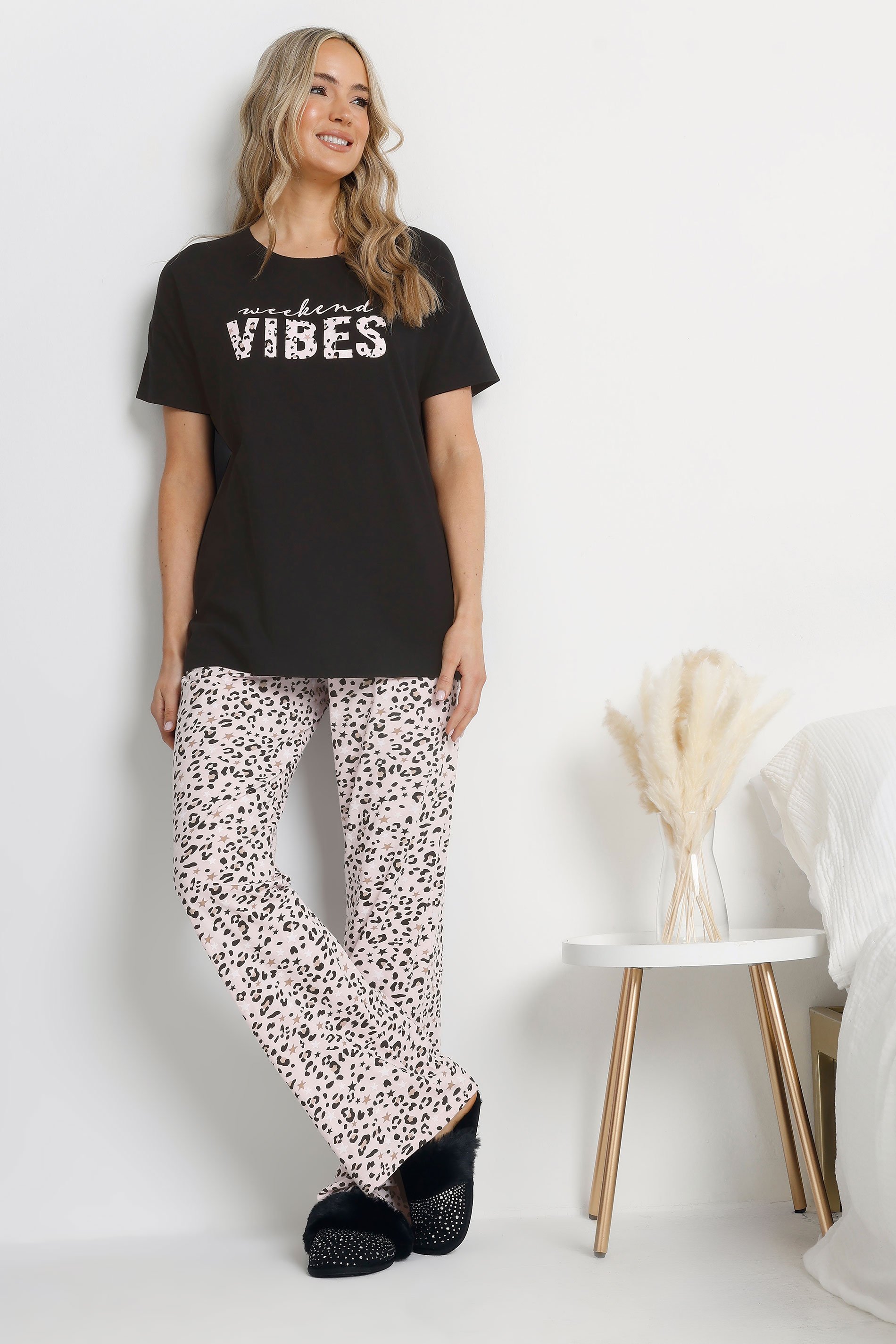 LTS Tall Black Leopard 'Weekend Vibes' Slogan Pyjama Set | Long Tall Sally 1