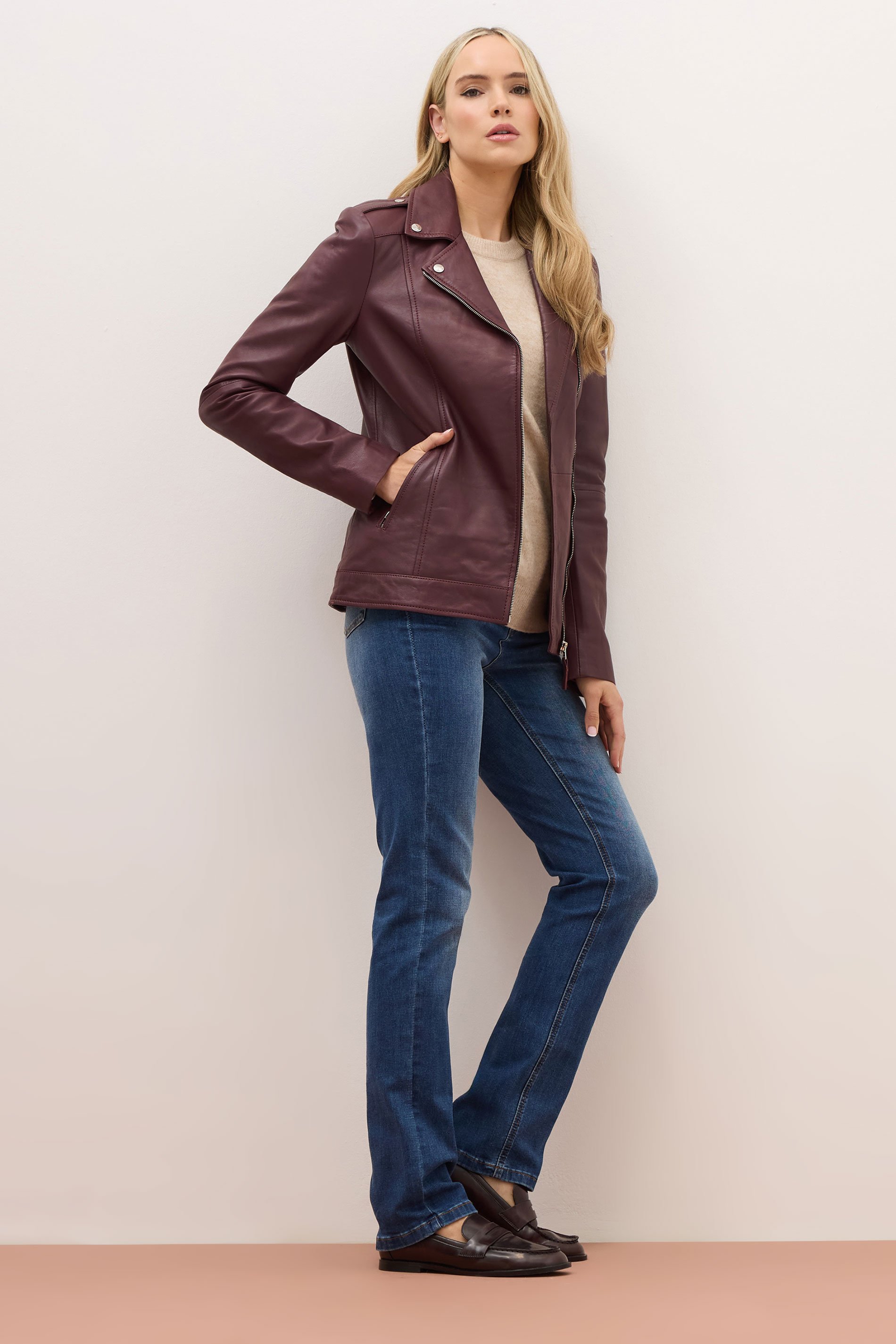 LTS PREMIUM Tall Burgundy Red Leather Biker Jacket | Long Tall Sally 3