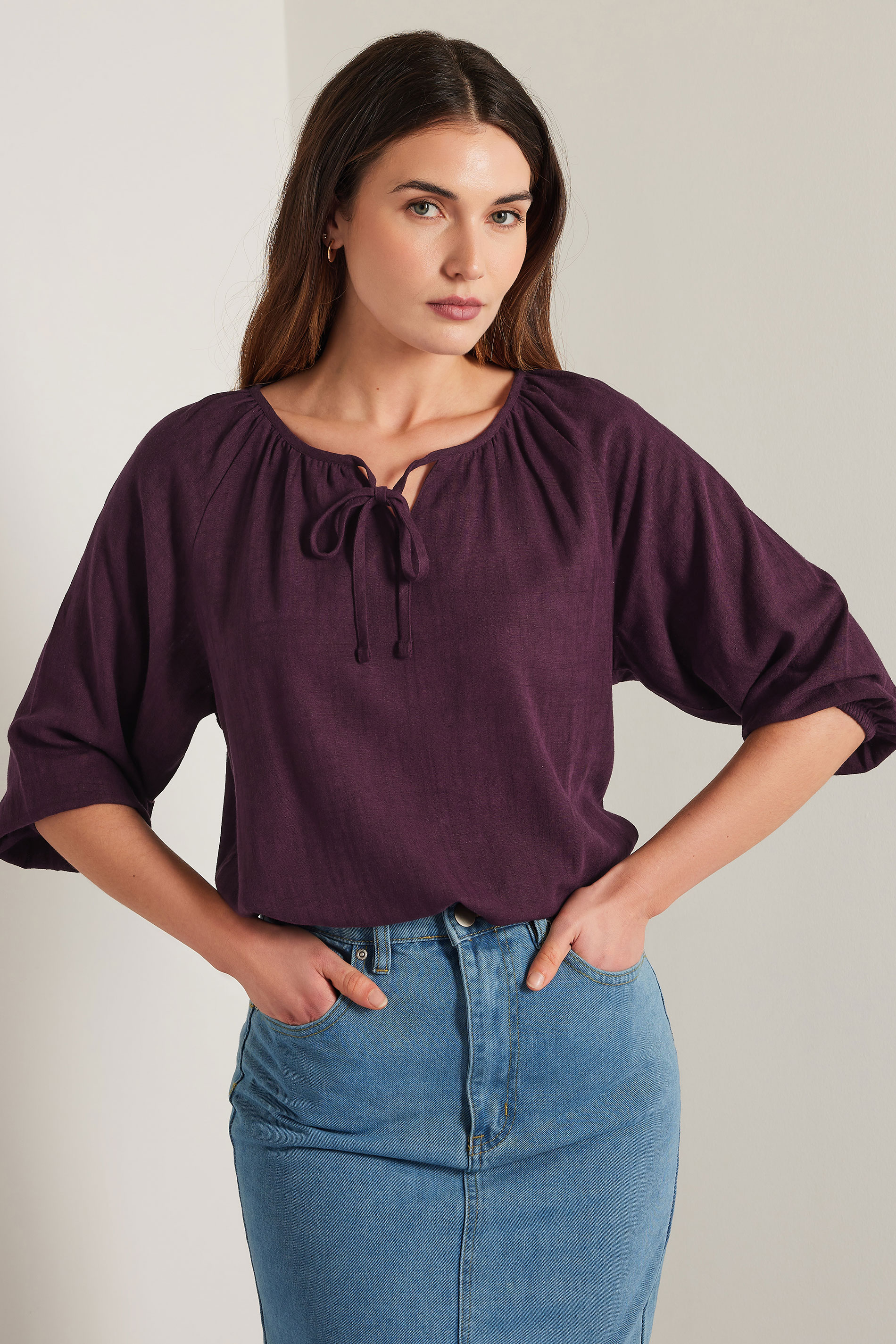 LTS Tall Dark Purple Linen Tie Front Top | Long Tall Sally 2