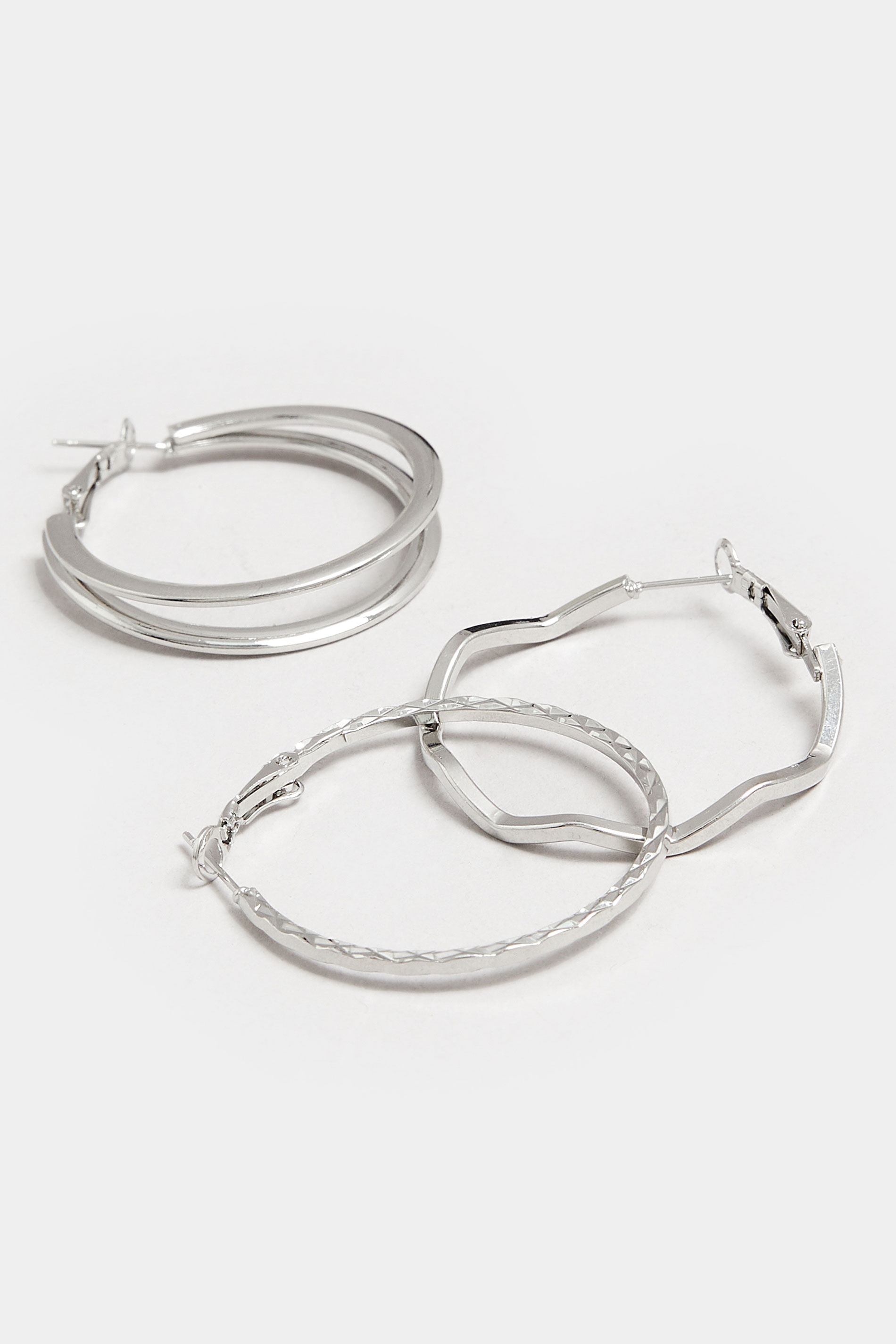 3 PACK Silver Tone Textured Statement Hoop Earring Set | Yours Clothing 3