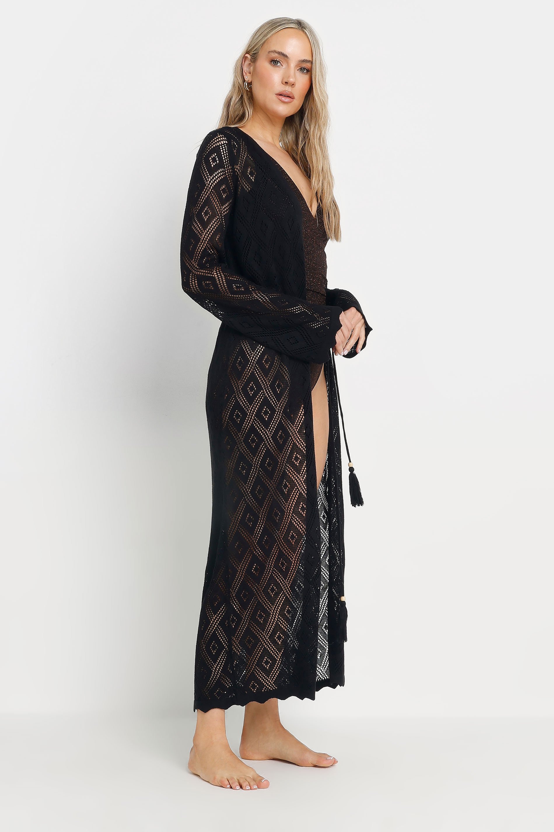 LTS Tall Black Crochet Tassel Maxi Cardigan | Long Tall Sally 3