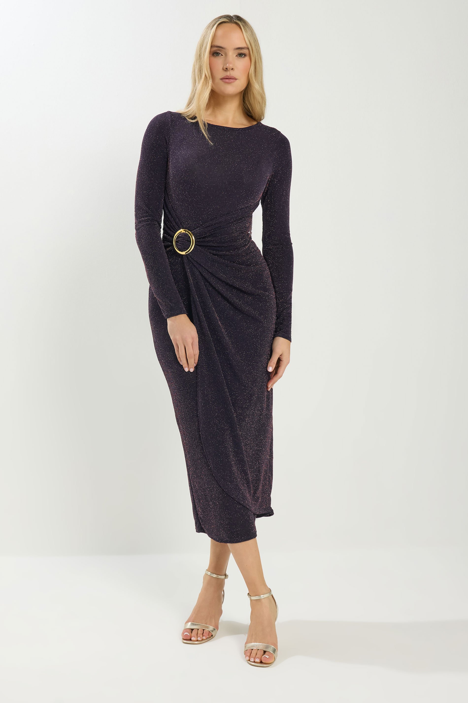 LTS Tall Navy Blue Sparkle Textured Drape Buckle Dress | Long Tall Sally 1