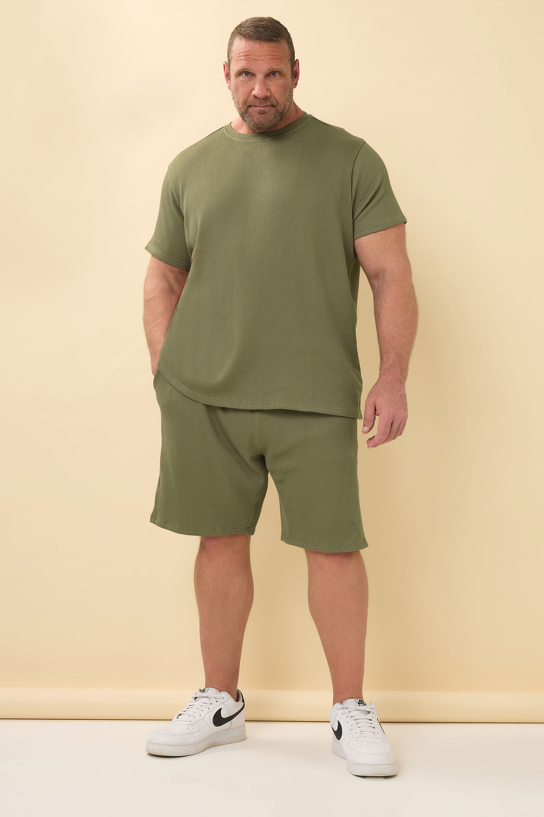 STUDIO A Big & Tall Khaki Green Popcorn Stitch Textured Shorts | BadRhino 2