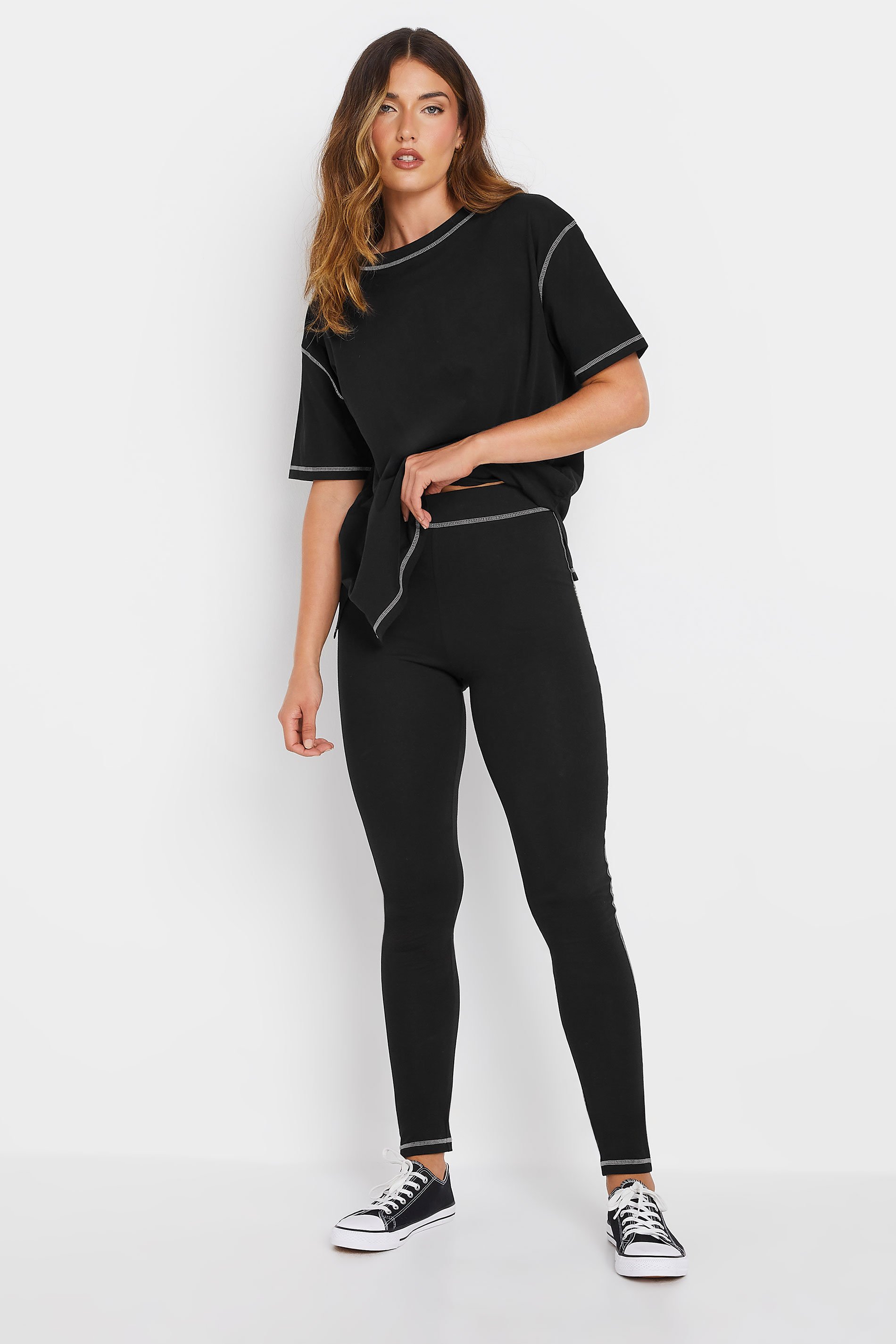 LTS Tall Black Contrast Stitch Leggings & T-Shirt Set | Long Tall Sally 1