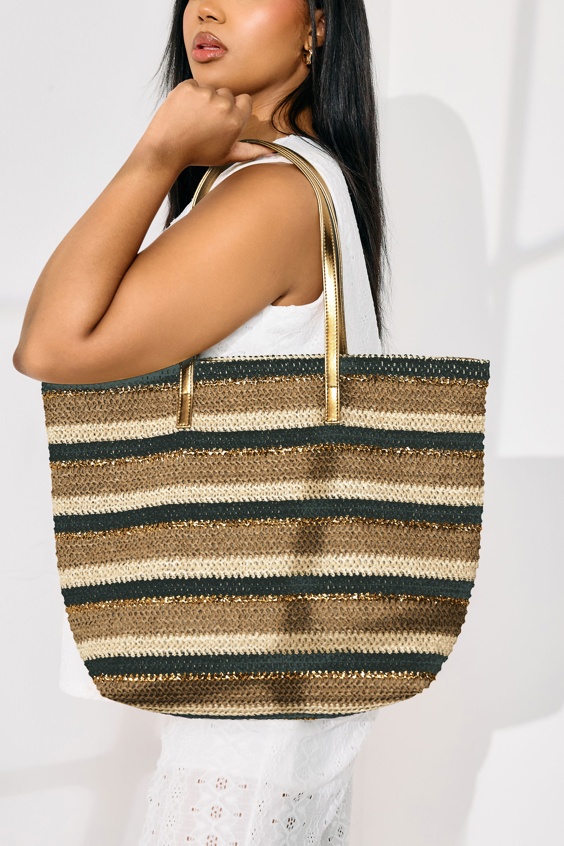 Natural Brown Straw Stripe Tote Bag | Yours Clothing 1