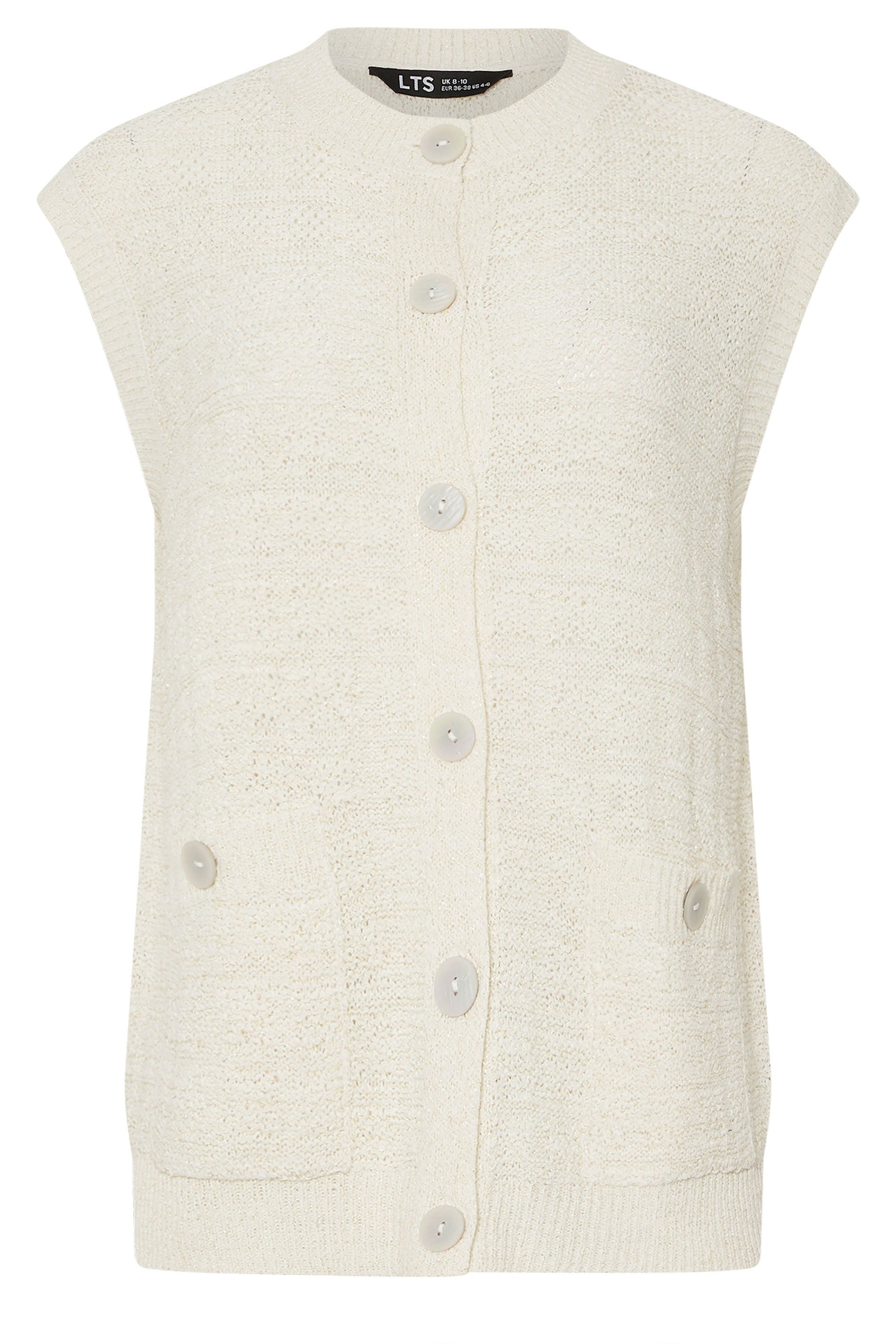 LTS Tall Ivory White Knitted Metallic Button Vest Top | Long
