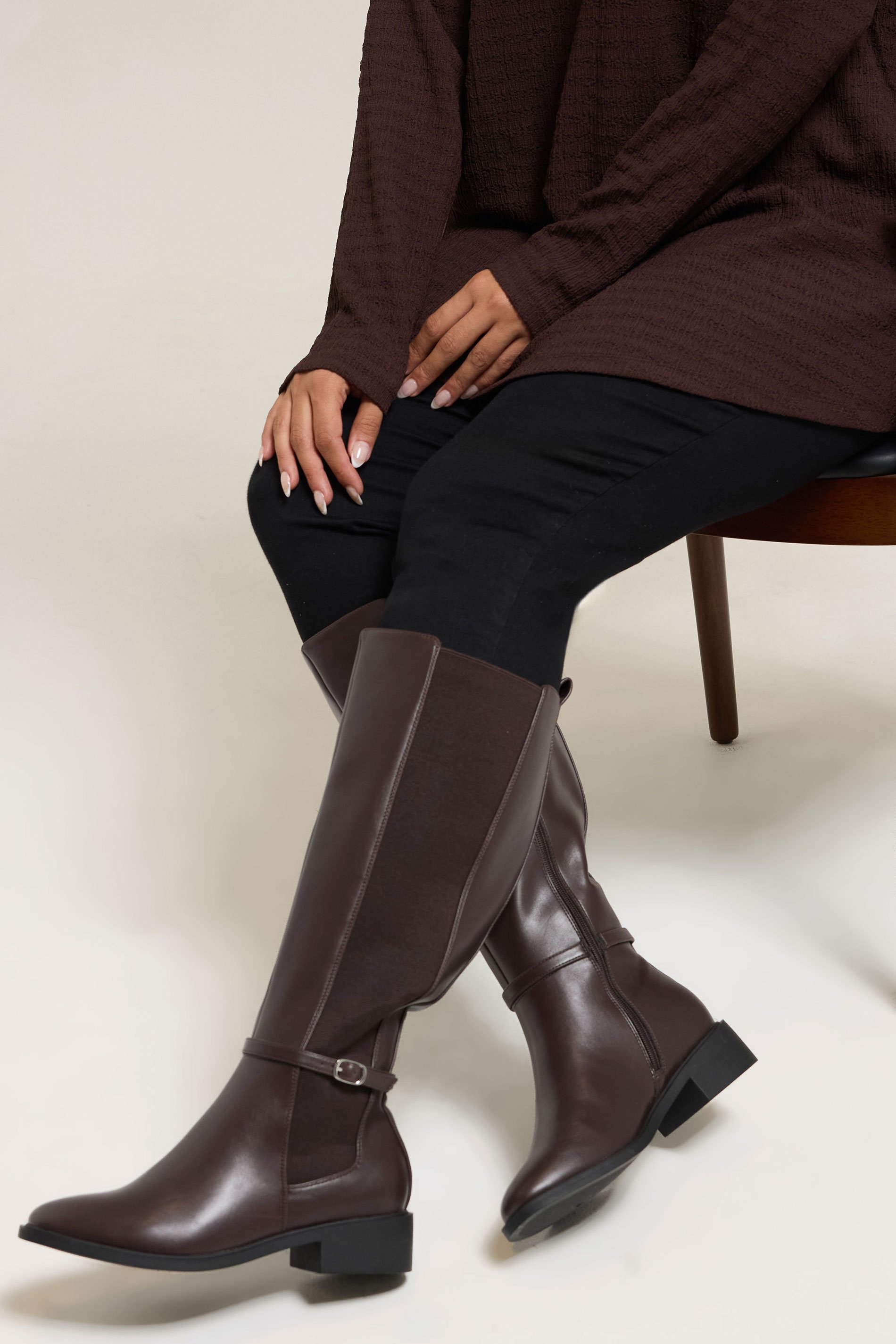 Brown Faux Leather Buckle Knee High Riding Boots In Extra Wide EEE Fit | Yours Clothing 1