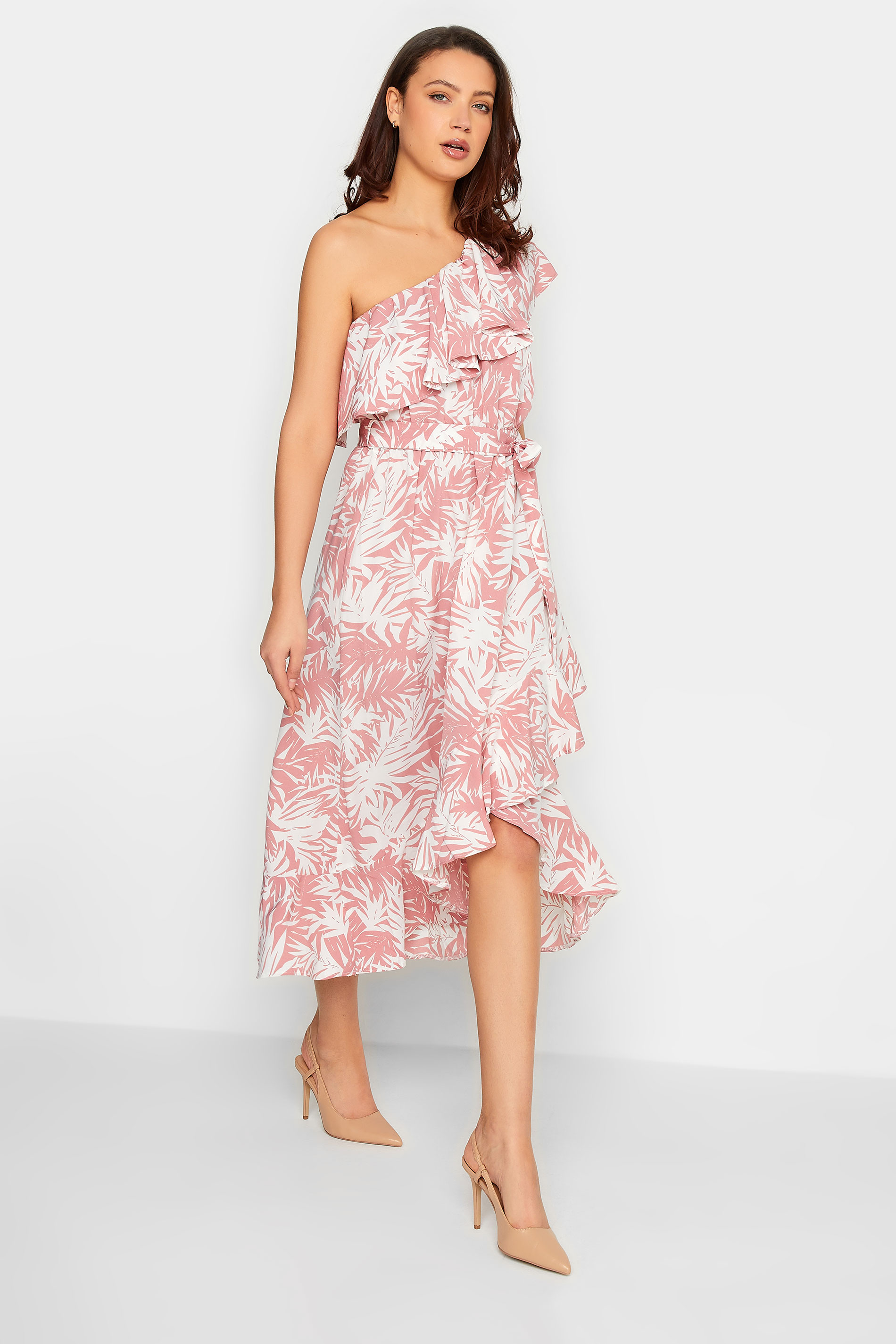 LTS Tall Women's Pink Leaf Print One Shoulder Frill Midi Dress | Long Tall Sally  2