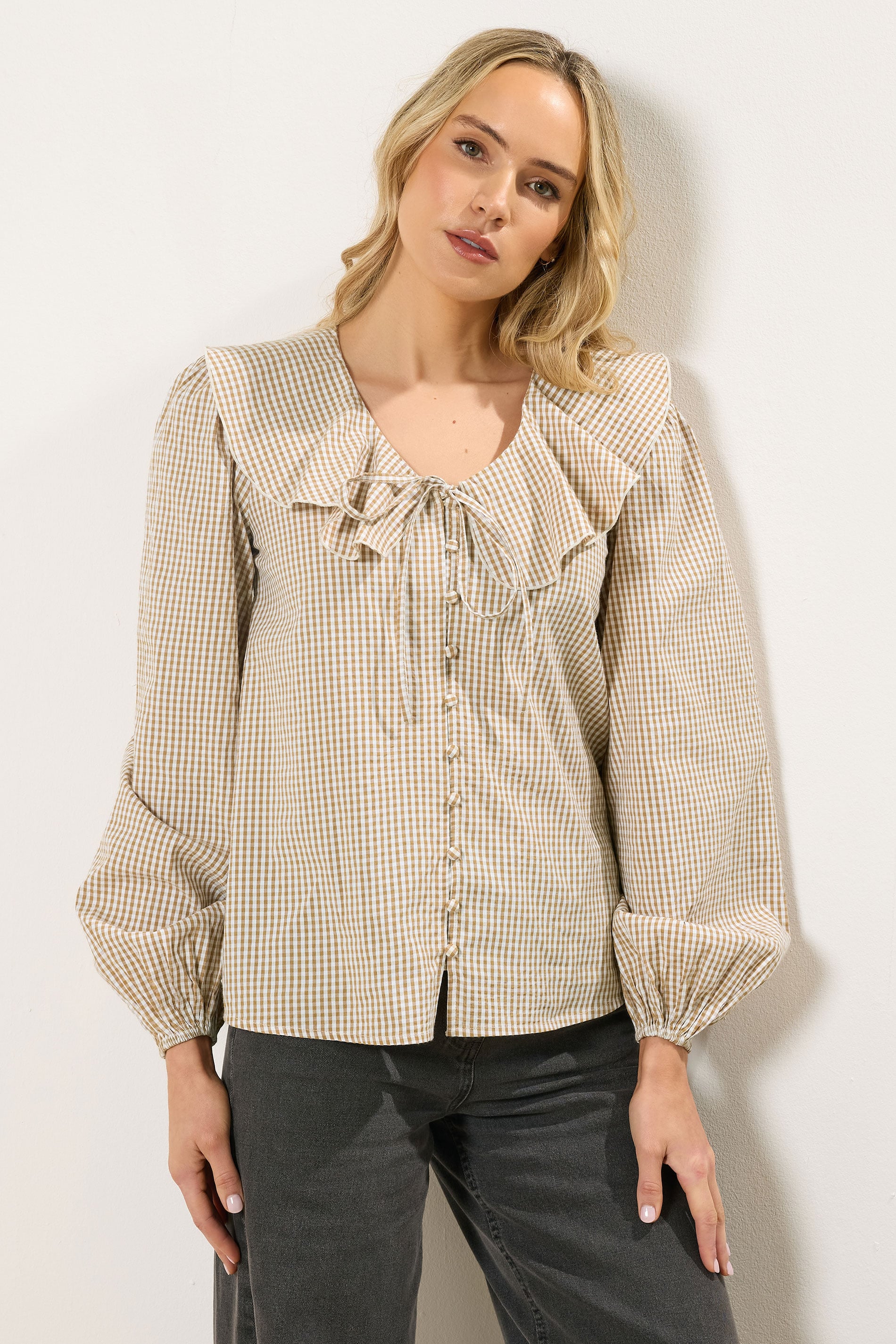LTS Tall Women's Brown Gingham Check Cotton Collar Shirt | Long Tall Sally 1