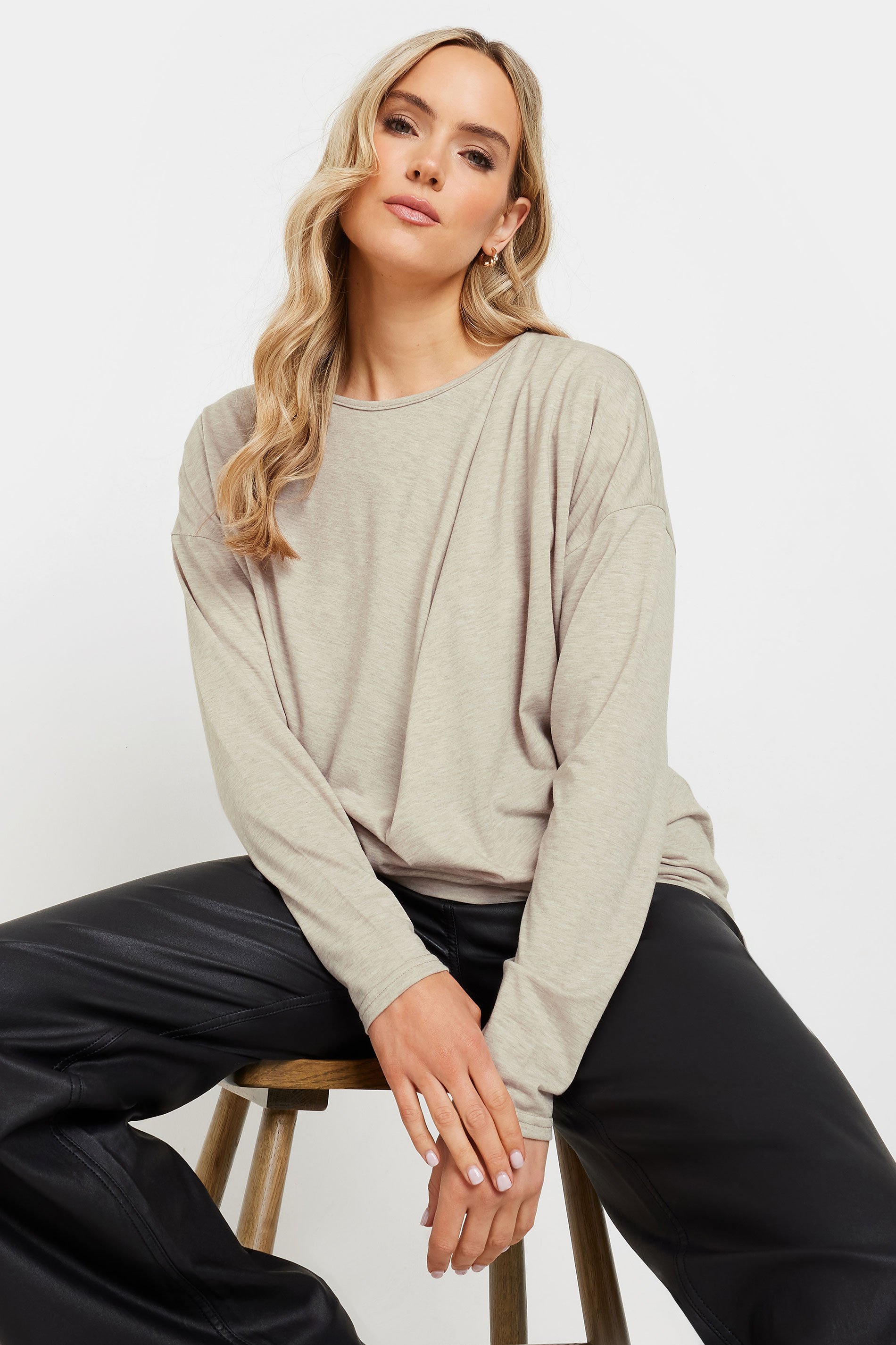 LTS Tall Stone Brown Long Sleeve Draped Front Top | Long Tall Sally 1