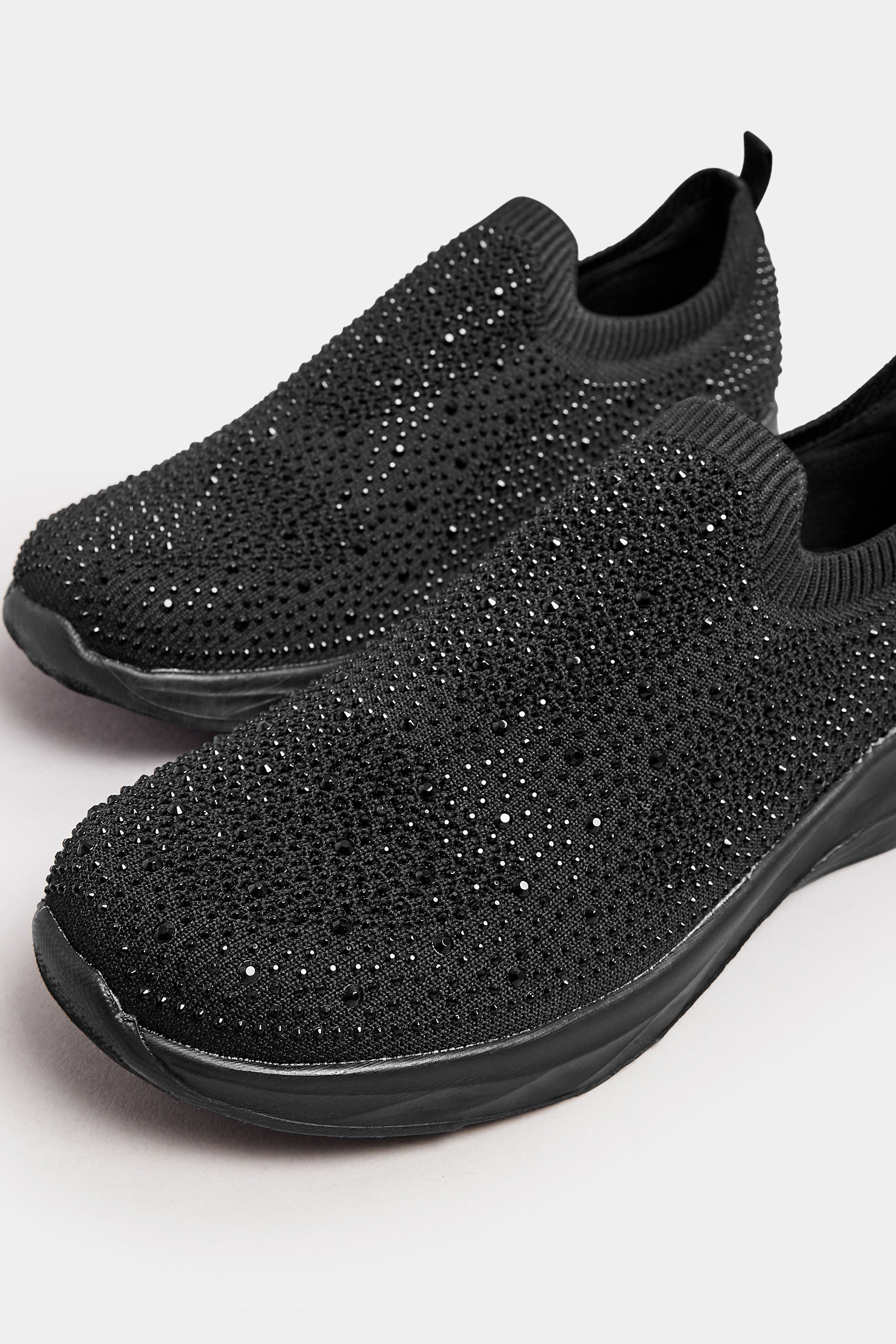 Black Diamante Knitted Slip On Trainers In Extra Wide EEE Fit | Yours Clothing 5
