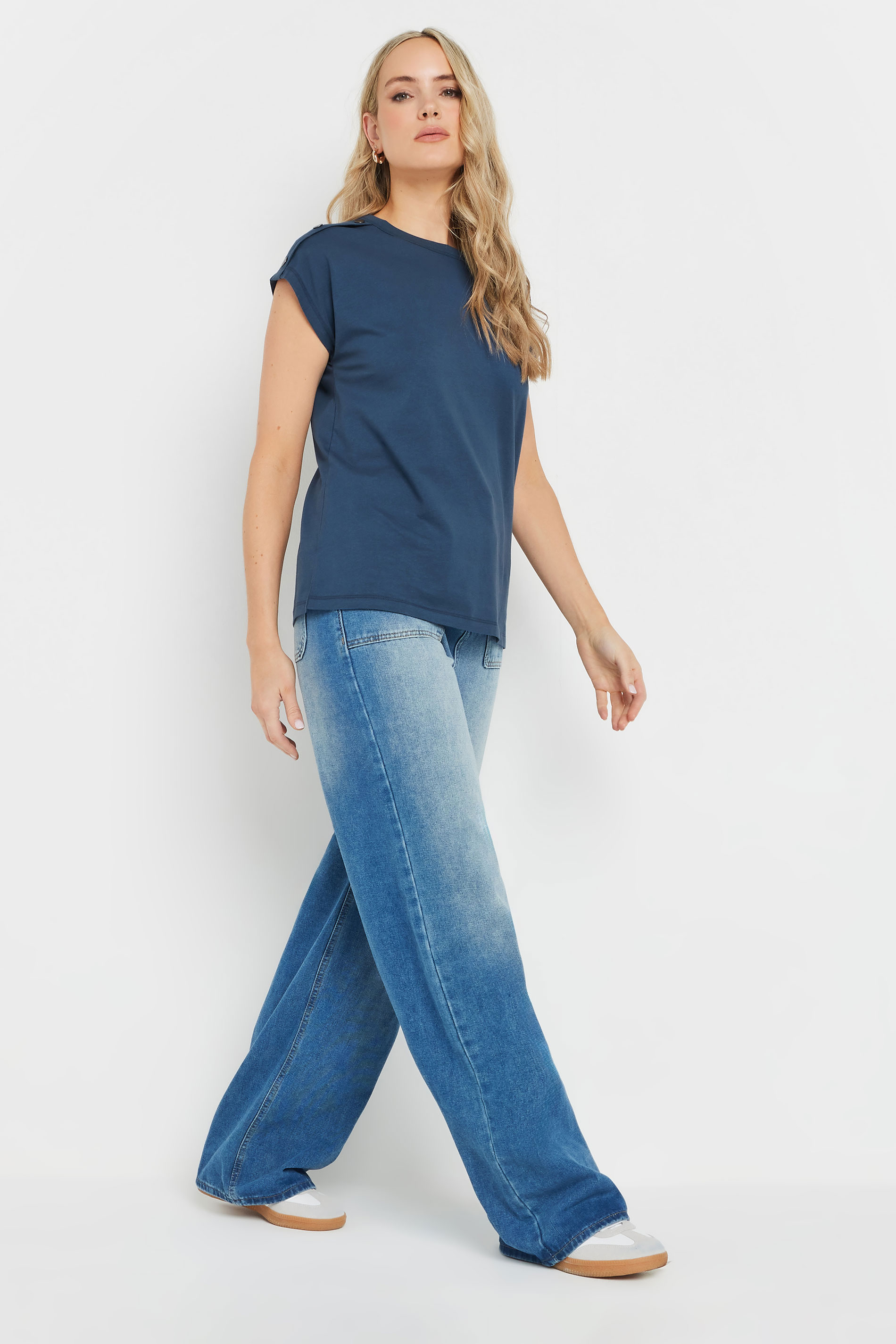 LTS Tall Navy Blue Shoulder Button Short Sleeve T-Shirt | Long Tall Sally 4