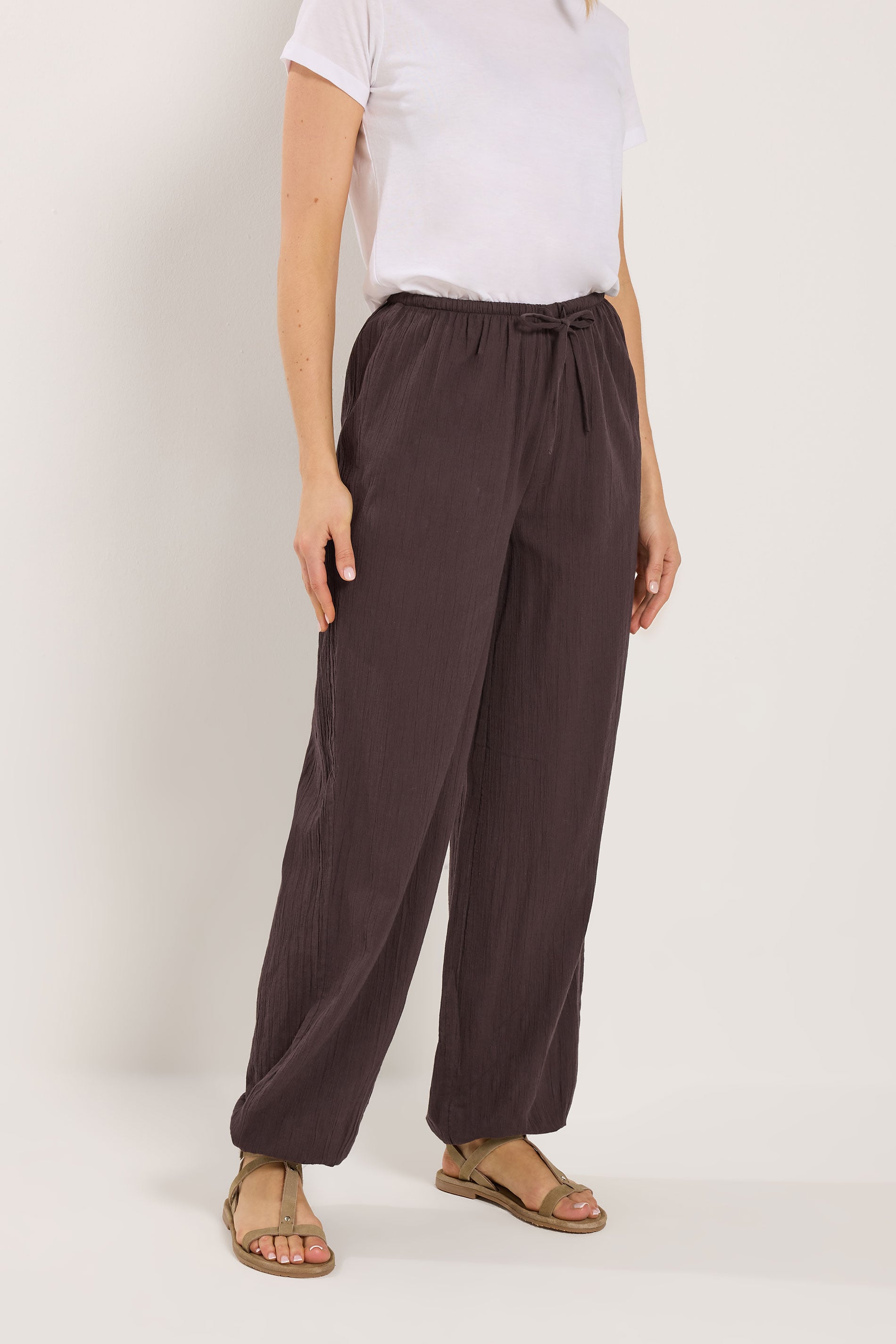 LTS Tall Women's Chocolate Brown Textured Cotton Balloon Trousers | Long Tall Sally 1