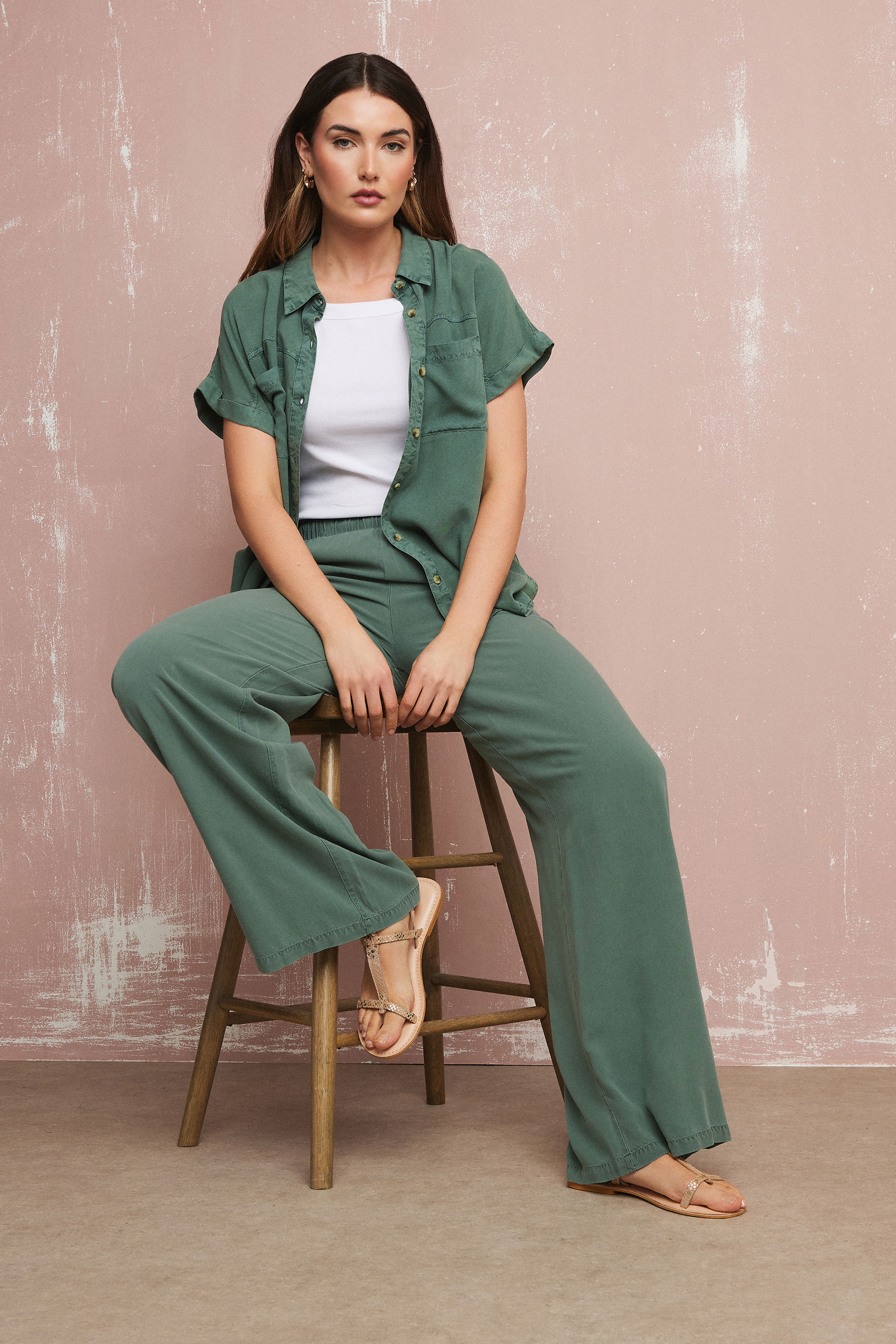 LTS Tall Khaki Green Acid Wash Wide Leg Trousers | Long Tall Sally 1