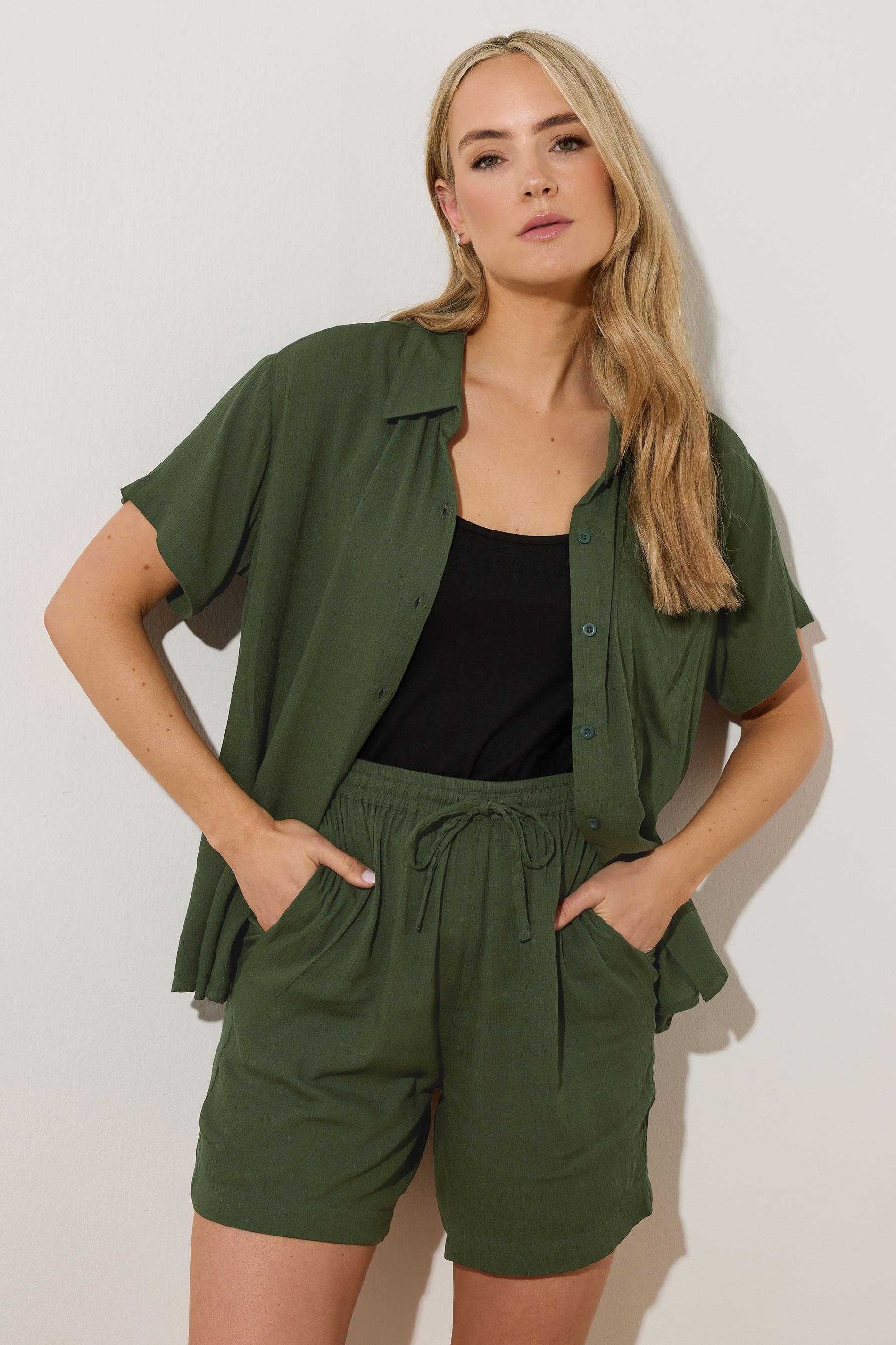 LTS Tall Khaki Green Cotton Crinkle Shorts | Long Tall Sally 2