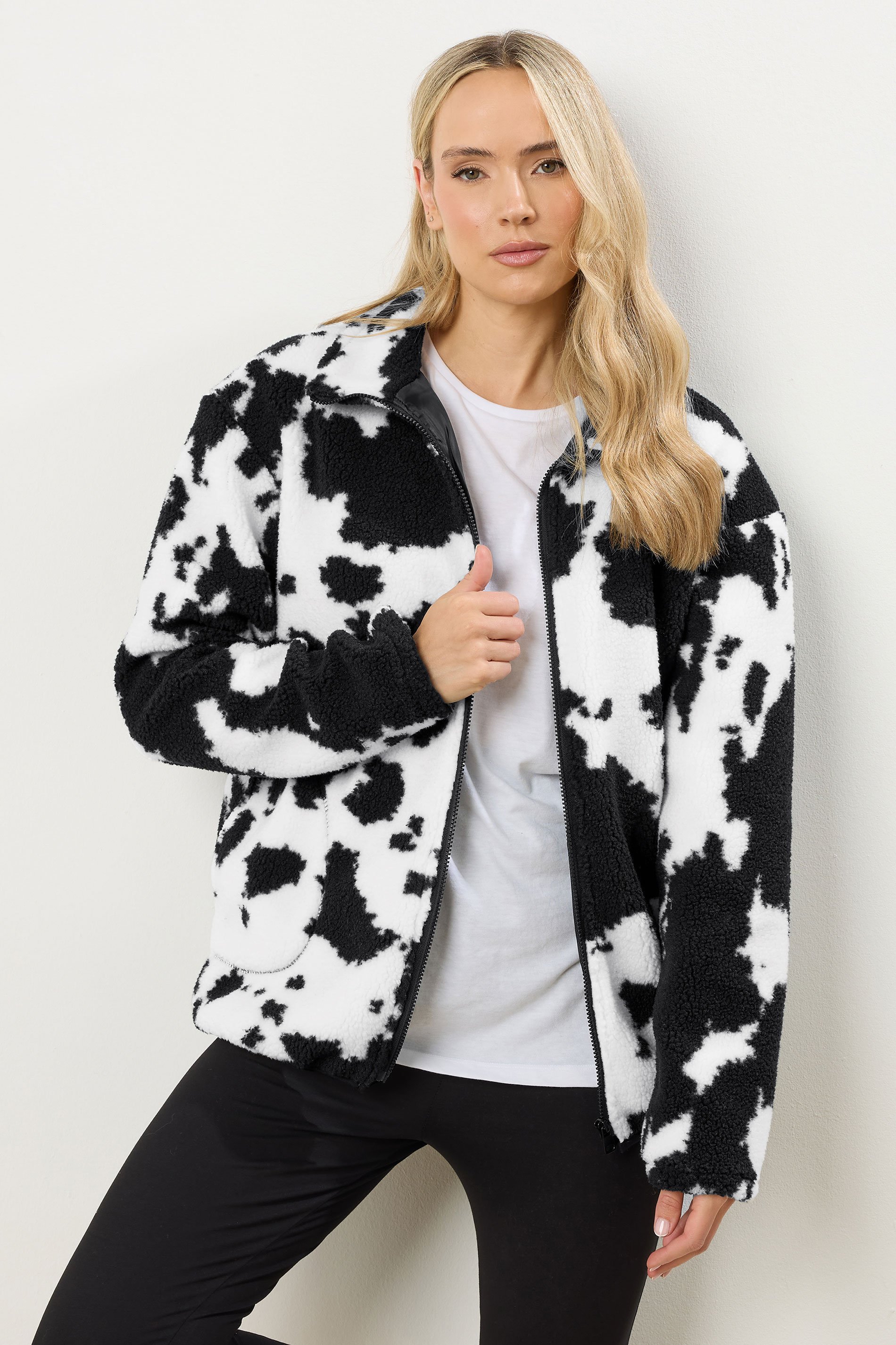 LTS Tall Black Cow Print Zip Fleece Jacket | Long Tall Sally 1