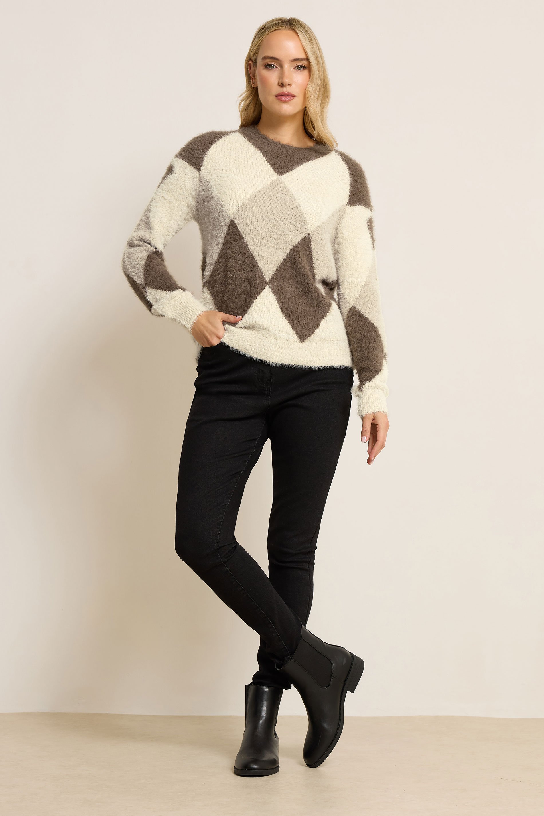 LTS Tall Brown Fluffy Knit Argyle Jumper | Long Tall Sally 3